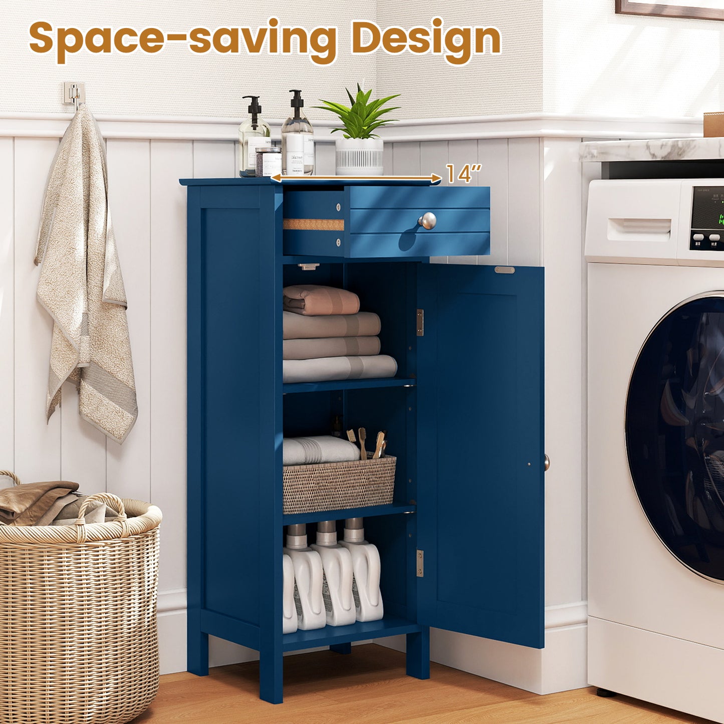Wooden Storage Free-Standing Floor Cabinet with Drawer and Shelf, Blue Floor Cabinets at Gallery Canada