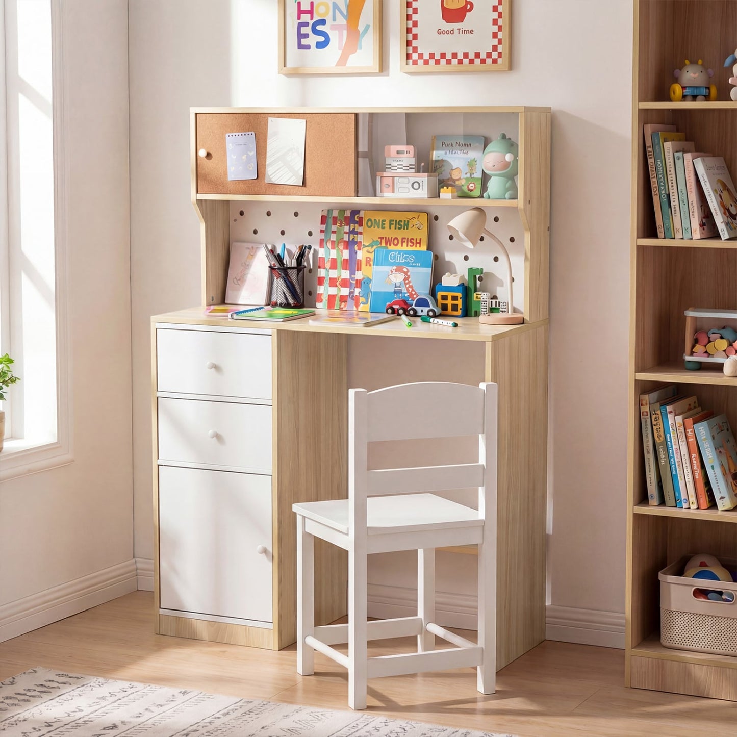 Ensemble bureau d'étude et chaise en bois avec 2 armoires, 2 tiroirs