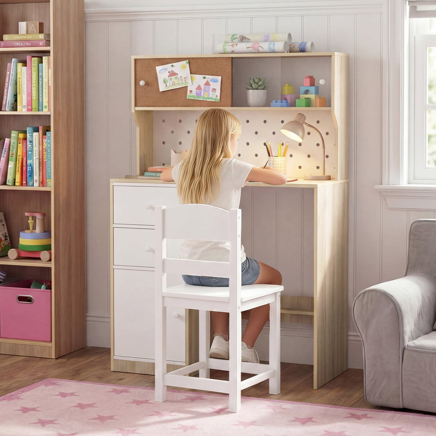Ensemble bureau d'étude et chaise en bois avec 2 armoires, 2 tiroirs