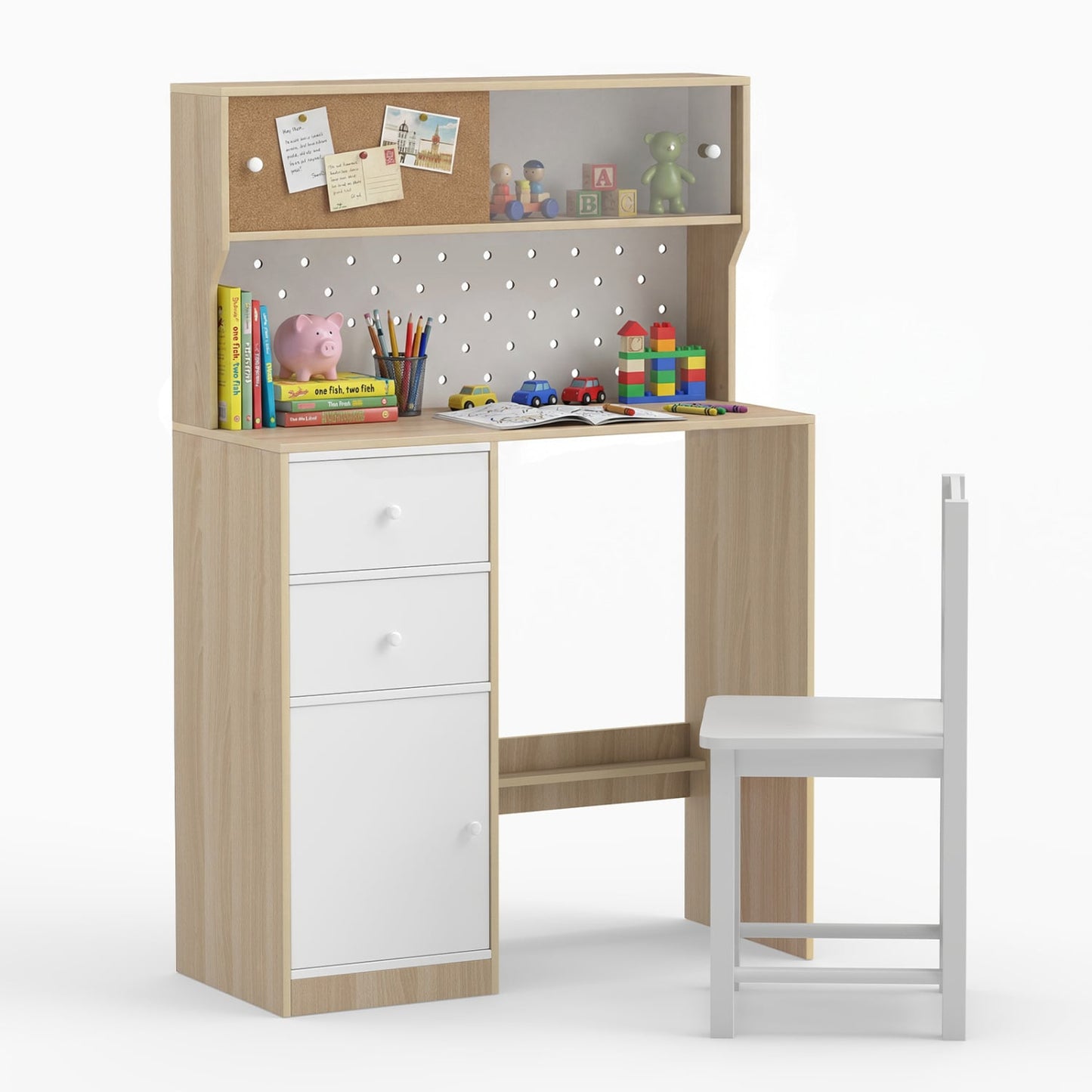 Ensemble bureau d'étude et chaise en bois avec 2 armoires, 2 tiroirs