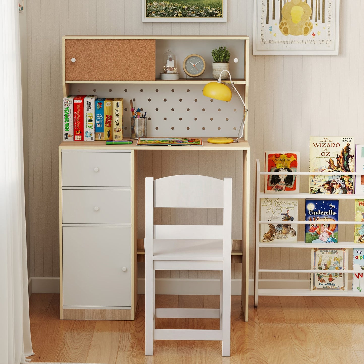 Ensemble bureau d'étude et chaise en bois avec 2 armoires, 2 tiroirs