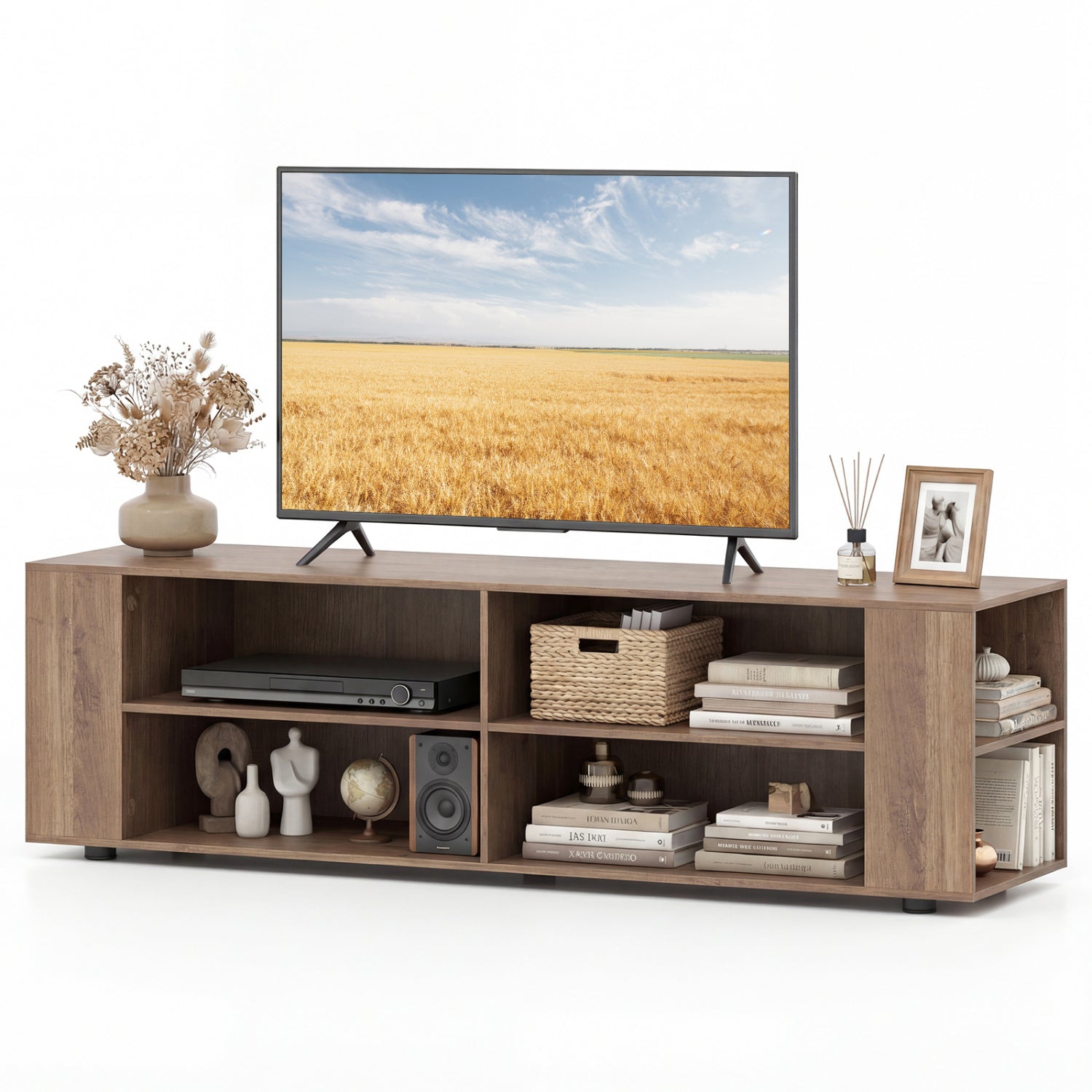 Wooden TV Stand, 8 Open Shelves, 65 Inch, Light Gray Entertainment Centers & TV Stands at Gallery Canada