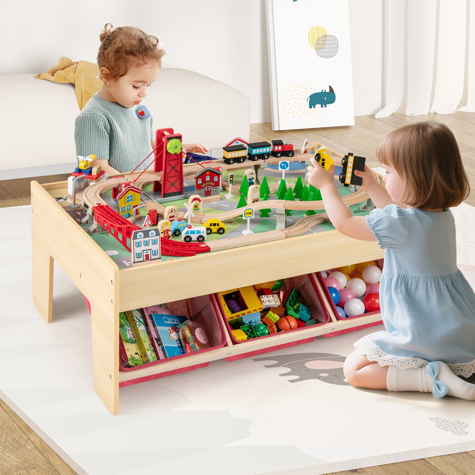 Wooden Train Set Table Kids Multipurpose Activity Play Table with 2 Reversible Tabletops, Red Learning Toys at Gallery Canada