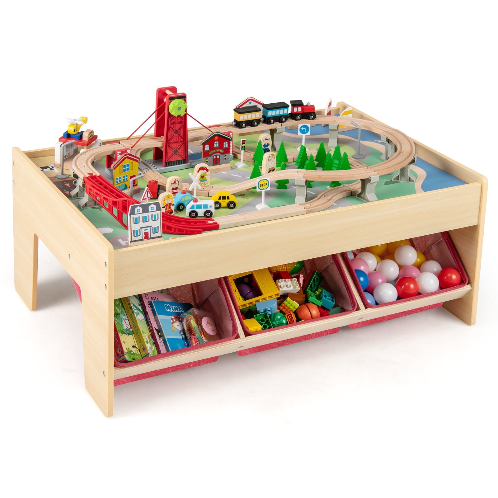 Wooden Train Set Table Kids Multipurpose Activity Play Table with 2 Reversible Tabletops, Red Learning Toys Red at Gallery Canada