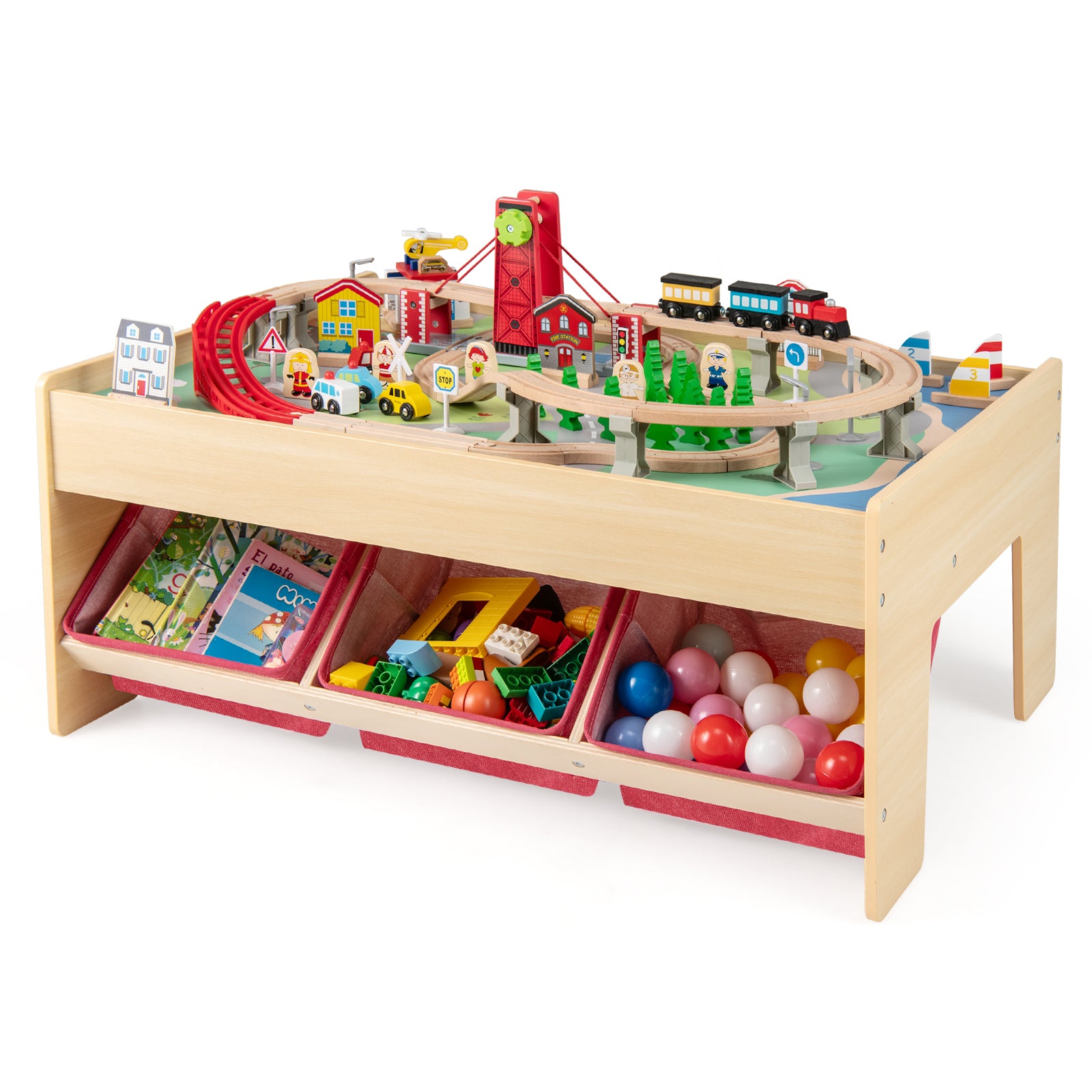 Wooden Train Set Table Kids Multipurpose Activity Play Table with 2 Reversible Tabletops, Red Learning Toys at Gallery Canada