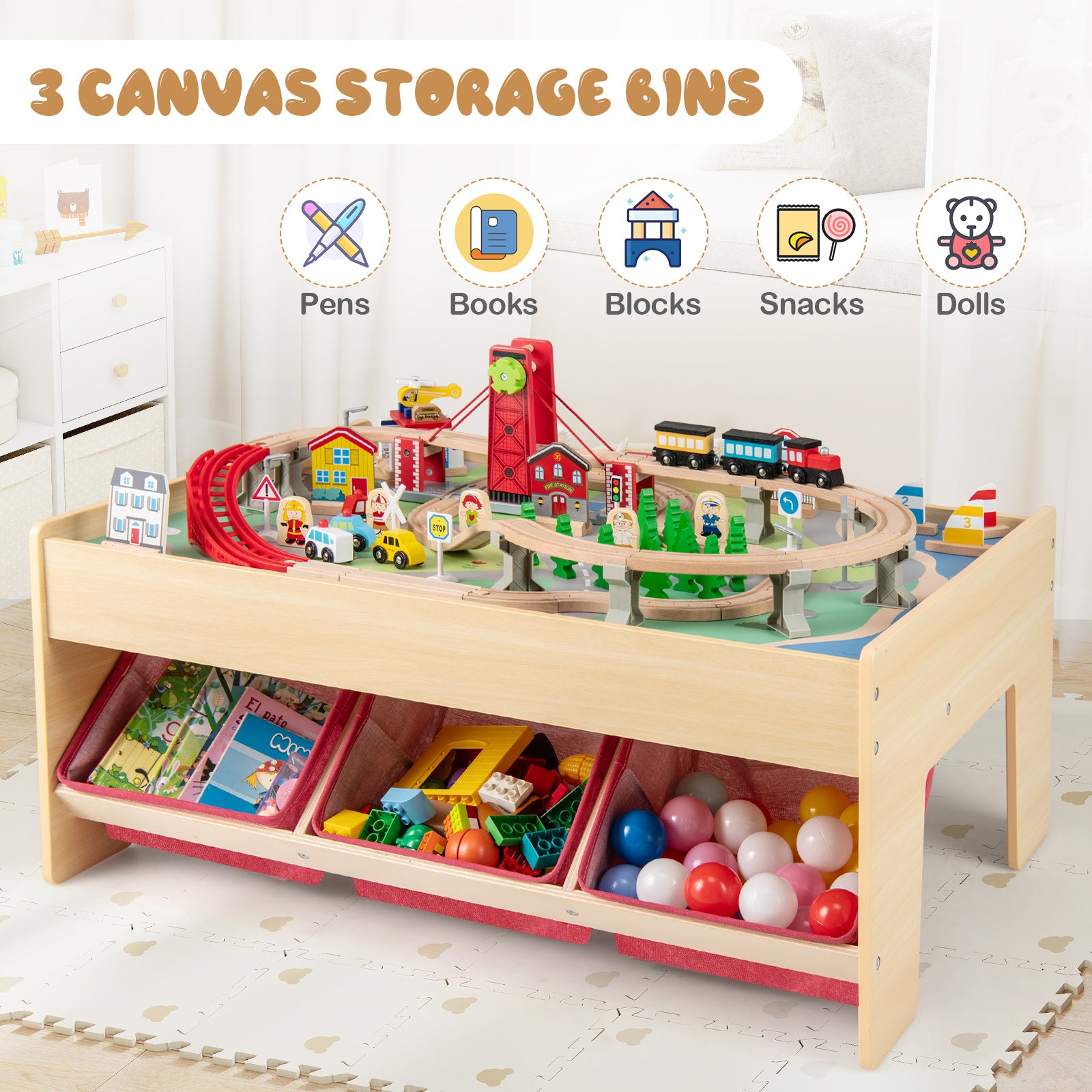 Wooden Train Set Table Kids Multipurpose Activity Play Table with 2 Reversible Tabletops, Red Learning Toys at Gallery Canada