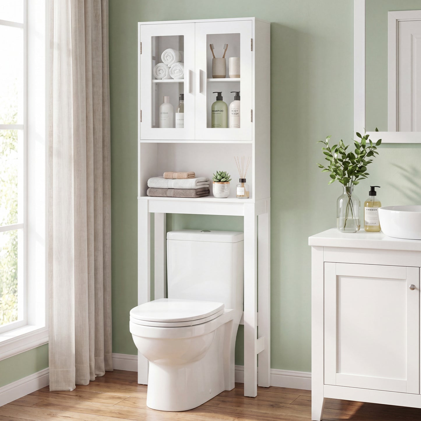Wooden over the toilet Storage Cabinet with Tower Rack, White Bathroom Etagere at Gallery Canada