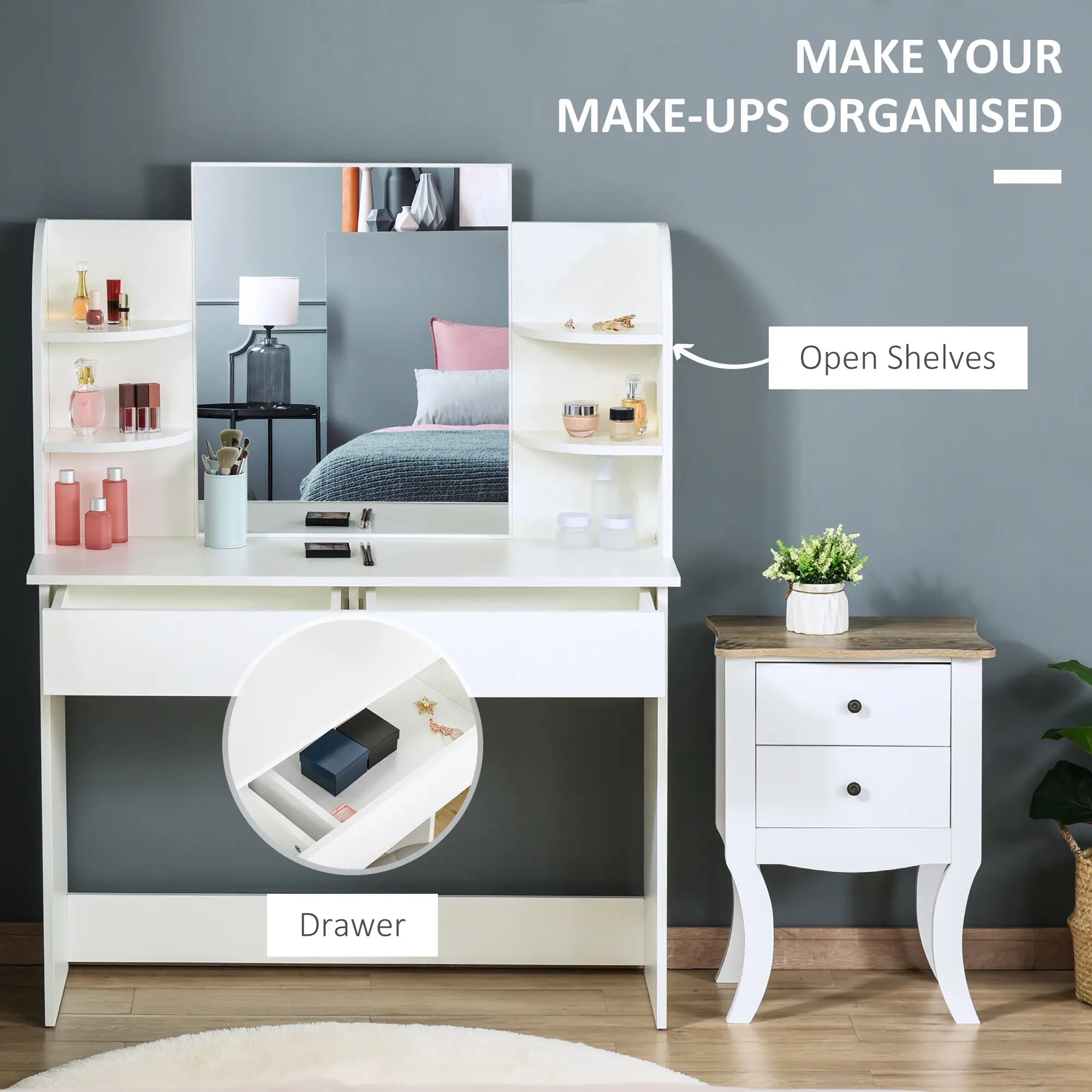 Wood Dressing Table With Makeup Mirror, Big Drawers, Open Shelf, White Dressing & Vanity Tables at Gallery Canada