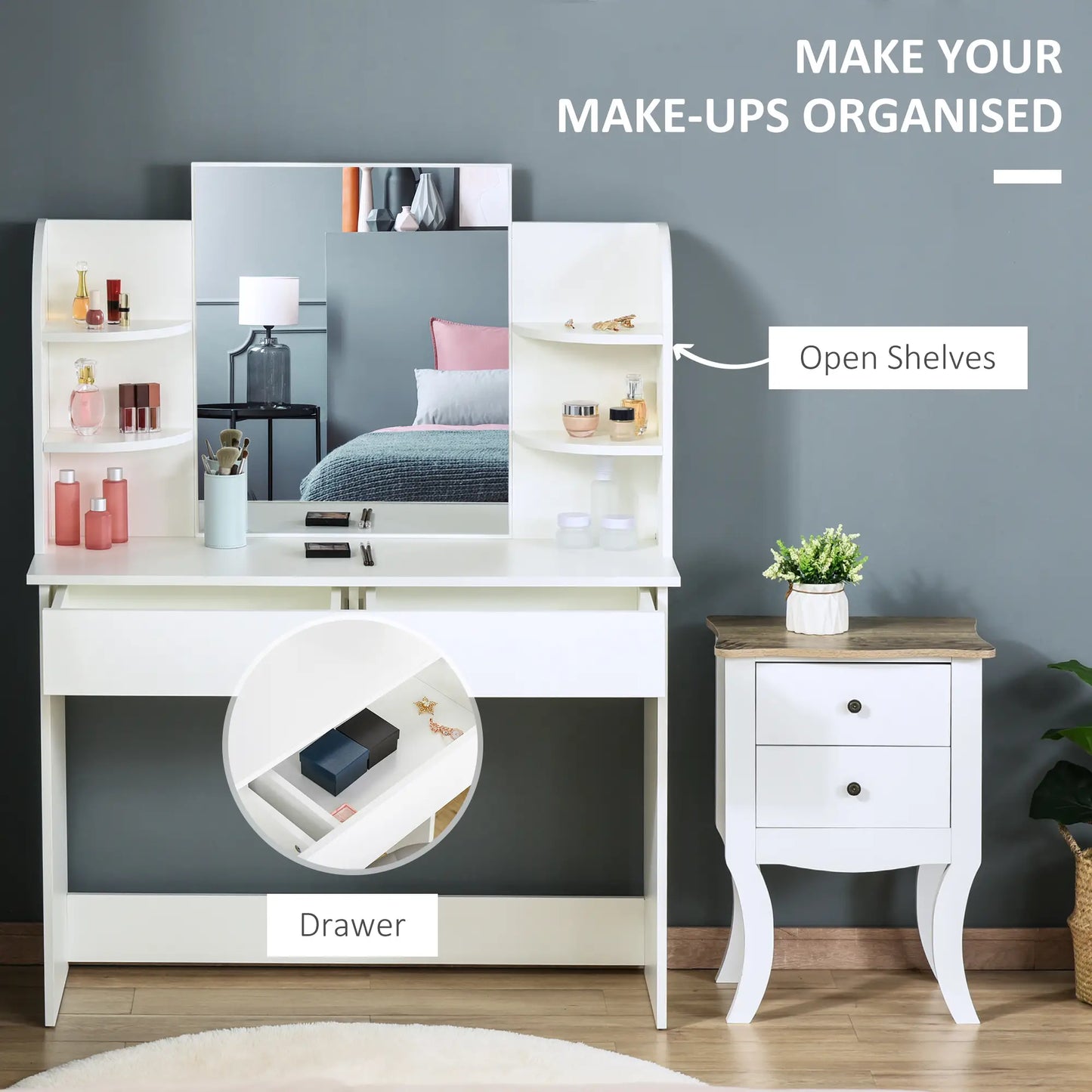 Wood Dressing Table With Makeup Mirror, Big Drawers, Open Shelf, White Dressing & Vanity Tables at Gallery Canada