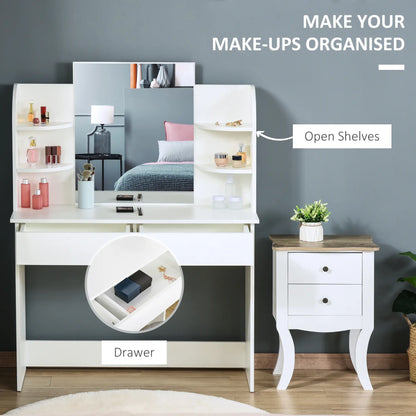 Wood Dressing Table With Makeup Mirror, Big Drawers, Open Shelf, White Dressing & Vanity Tables at Gallery Canada