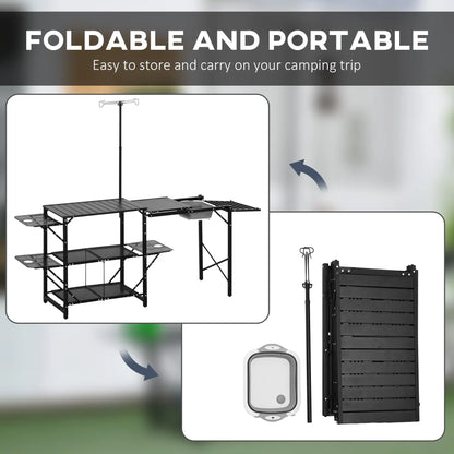 Folding Camping Kitchen, Portable Aluminum Cook Station, 3 Side Tables, 2 Shelves, Black Picnic Tables & Camping Chairs at Gallery Canada