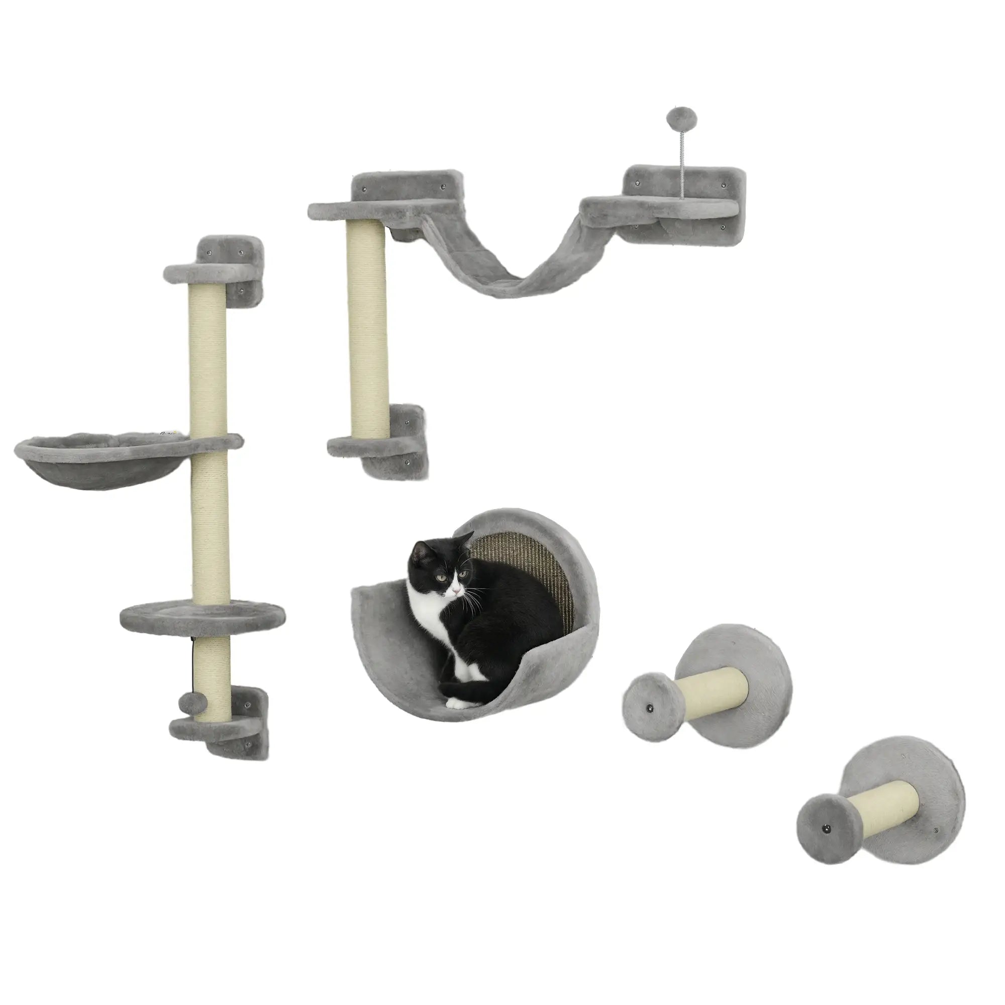5PCs Cat Wall Shelves, Hammock, Scratching Posts, Perches, Ladder, Light Grey Cat Climbing Wall at Gallery Canada
