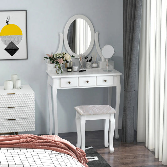 Wooden Vanity Table Set, Makeup Dressing Table with 360° Rotating, 5 Drawers and Padded Stool, White Dressing & Vanity Tables White at Gallery Canada