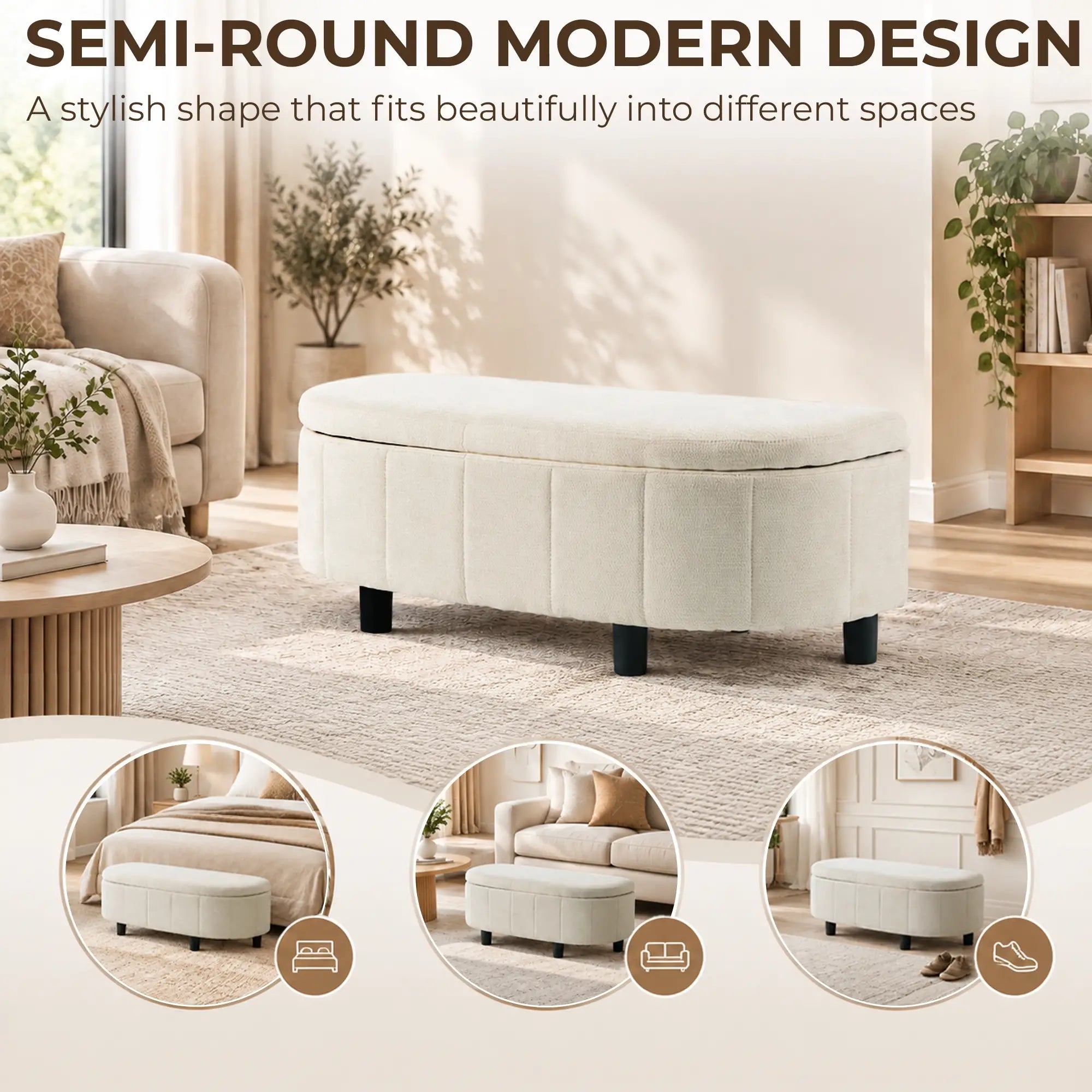 Semi-Round Ottoman With Hydraulic Lift-Top Storage, Cream White Storage Ottomans & Benches at Gallery Canada