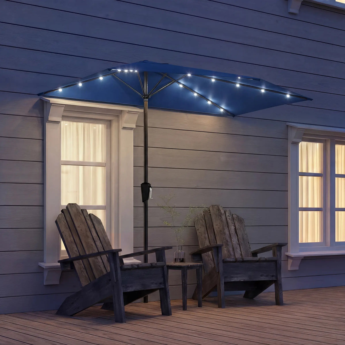 Half Patio Umbrella With Solar LED Lights, Crank, 105.1" x 53.5", Navy Blue Half Round Umbrellas at Gallery Canada