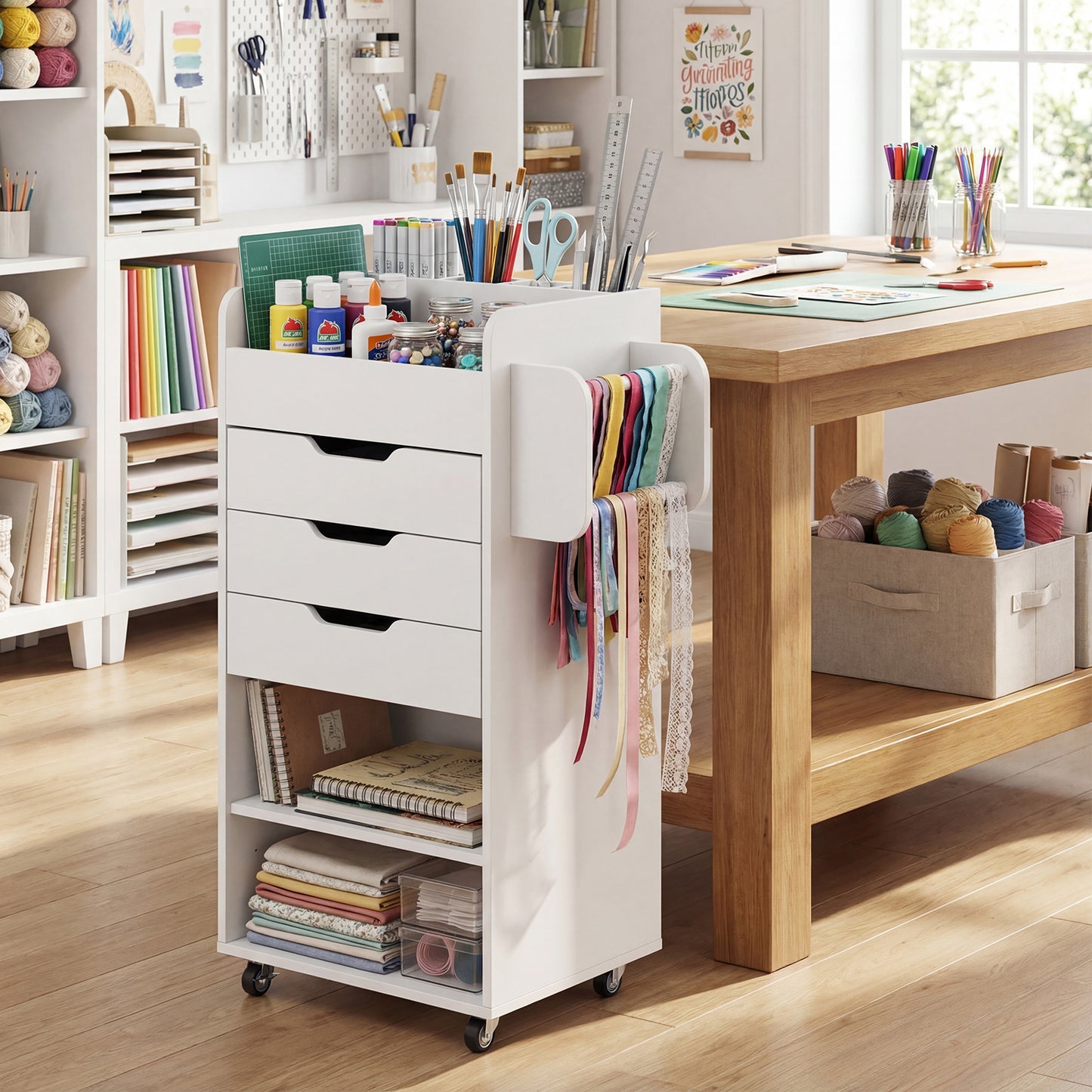 Wrapping Paper Storage Cart, 3 Drawers, Adjustable Shelf, White File Cabinets at Gallery Canada