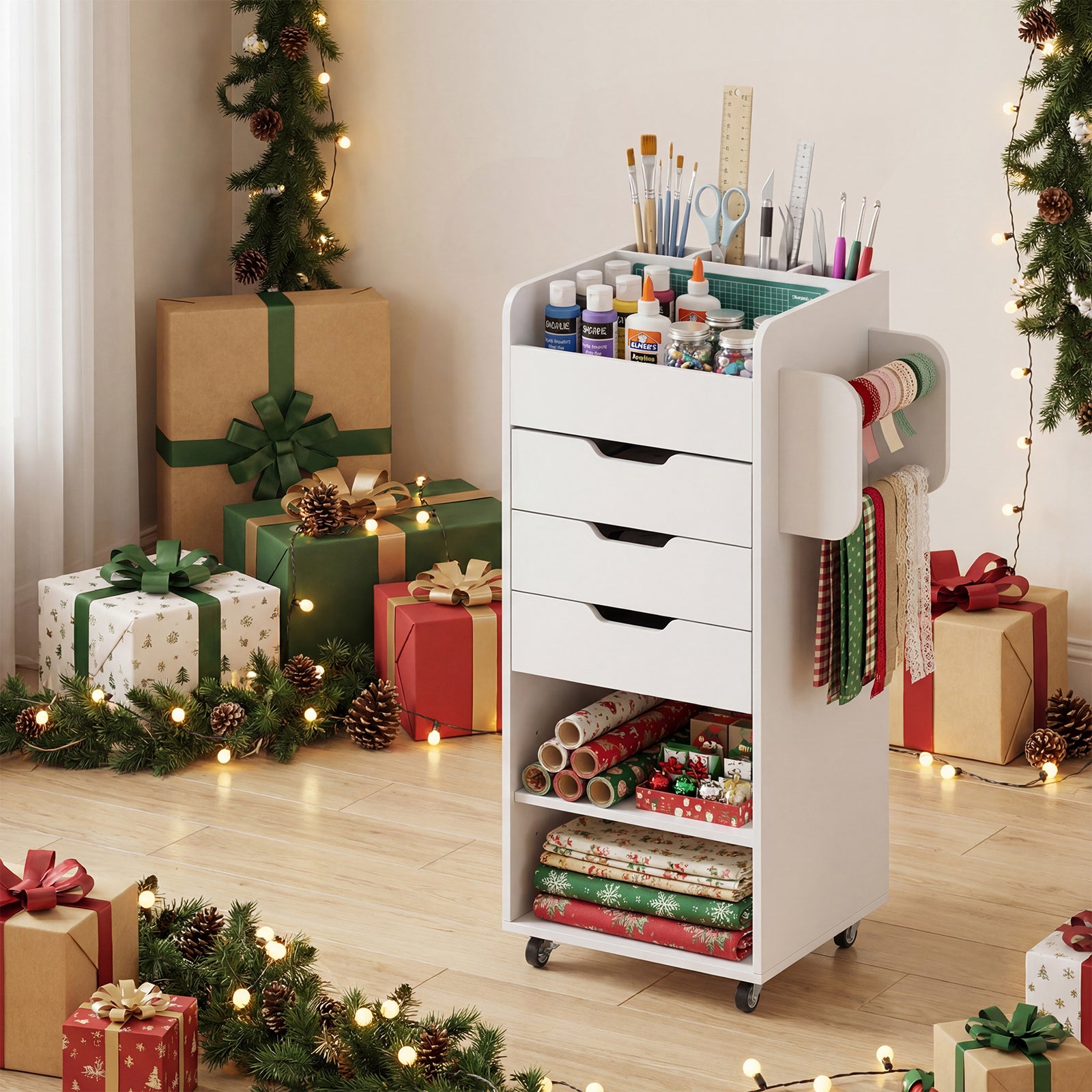 Wrapping Paper Storage Cart, 3 Drawers, Adjustable Shelf, White File Cabinets at Gallery Canada