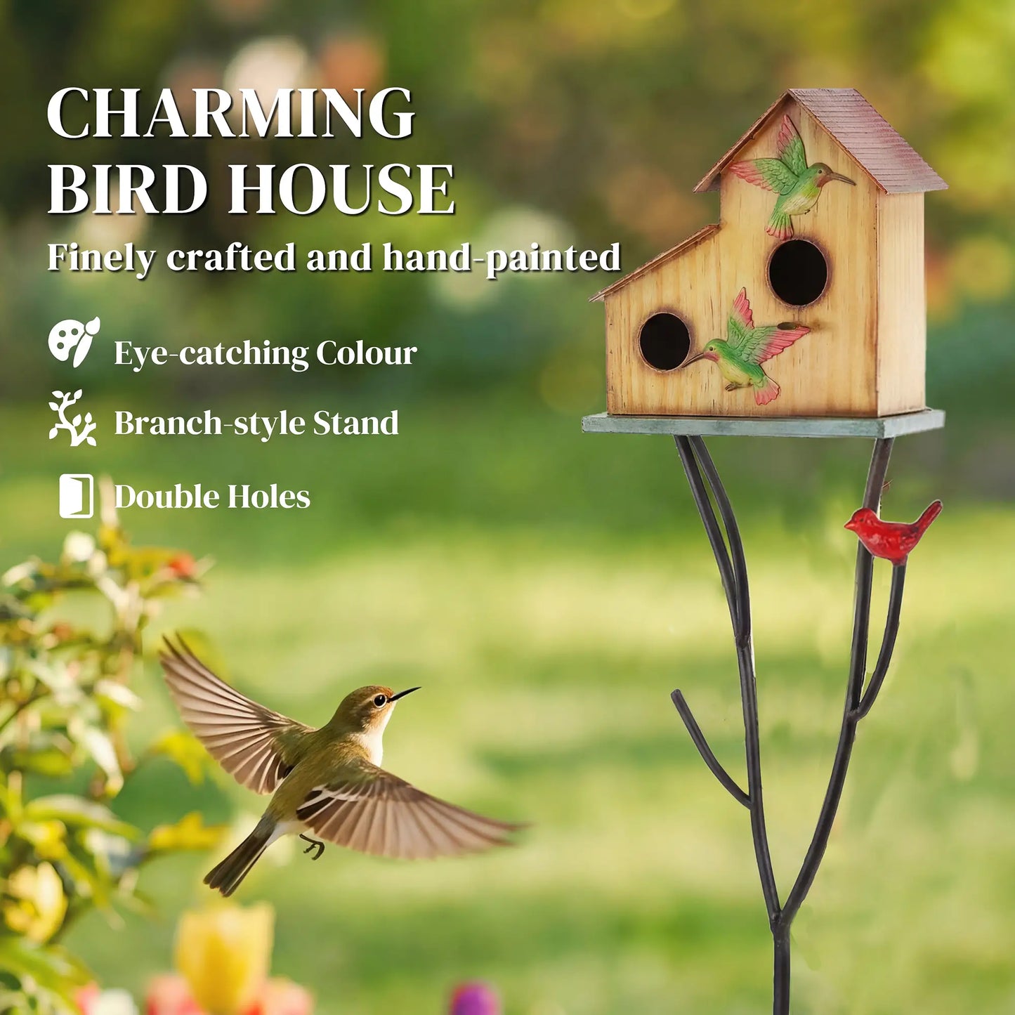 57" Outdoor Bird House With Pole, Double-Hole Metal Birdhouse, Yellow Birds at Gallery Canada