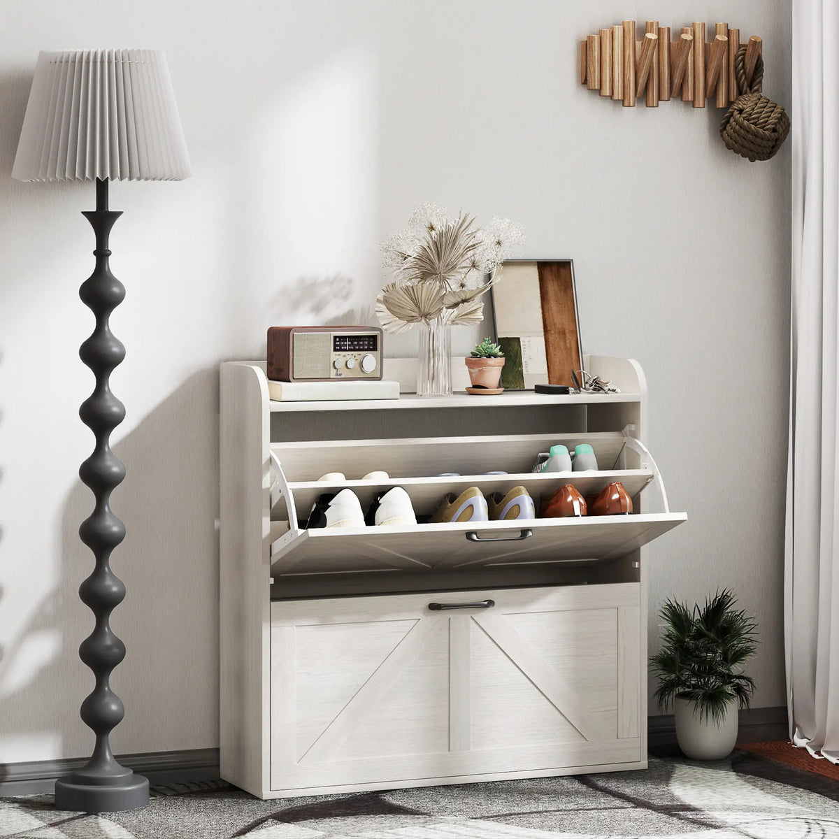 Narrow Shoe Storage Cabinet, 2 Flip Drawers, Adjustable Shelves, White Oak Shoe Storage Cabinets & Racks at Gallery Canada