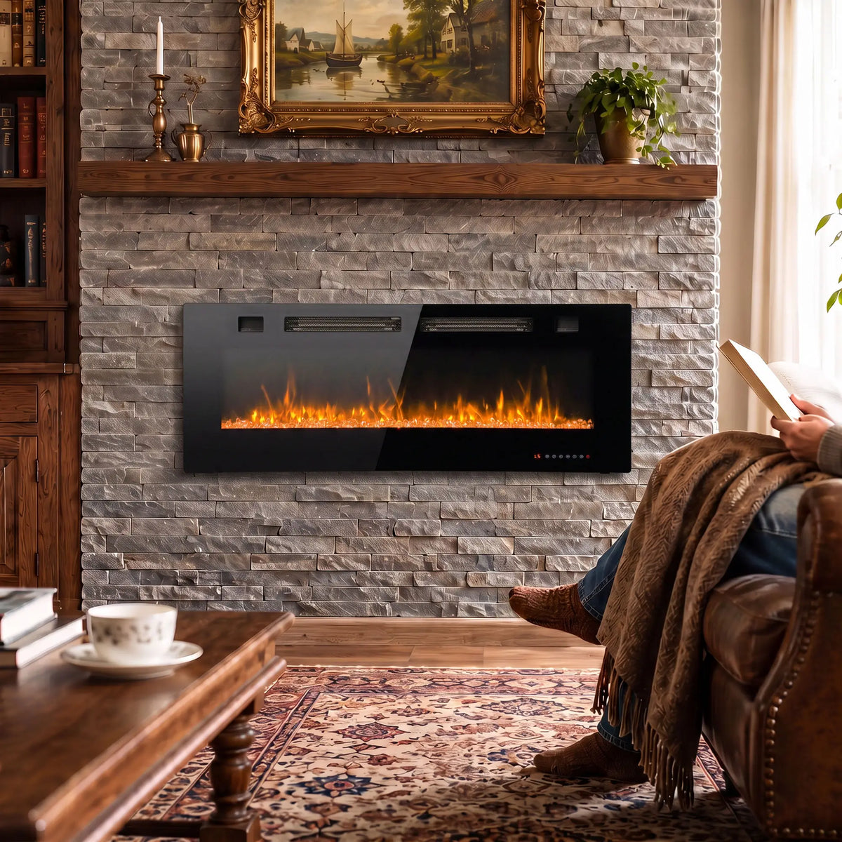 42" Electric Fireplace, Ultra-Thin Recessed, Wall Mounted, Black, Black Electric Fireplaces at Gallery Canada