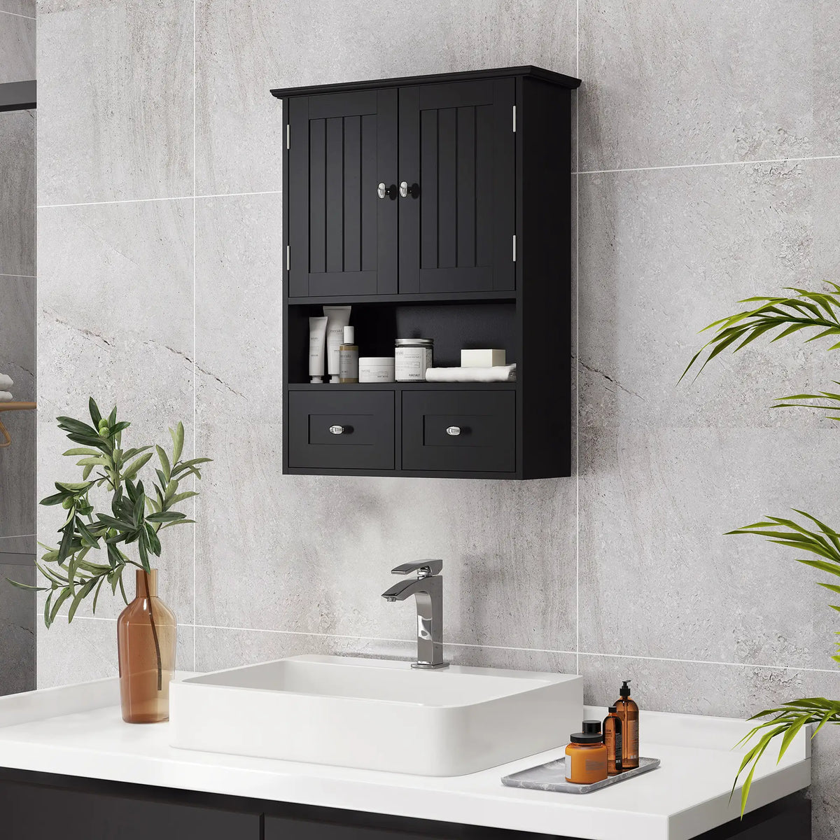 Medicine Cabinet, Bathroom Wall Cabinet with Shelf, Drawers, Black Wall Mounted Cabinets at Gallery Canada