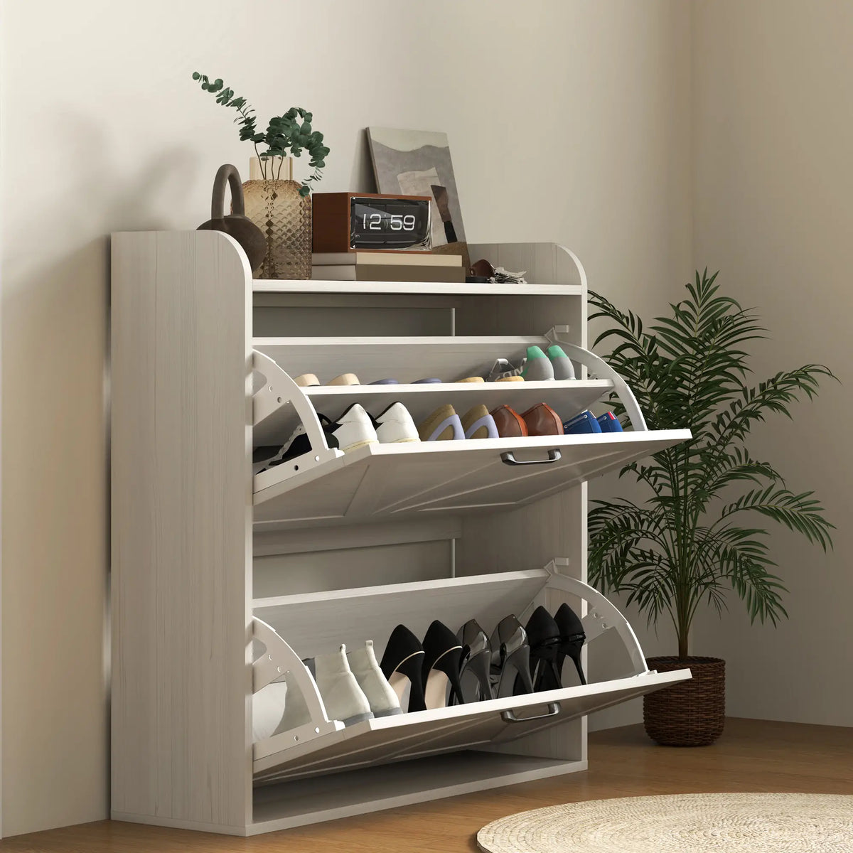 Narrow Shoe Storage Cabinet, 2 Flip Drawers, Adjustable Shelves, White Oak Shoe Storage Cabinets & Racks at Gallery Canada