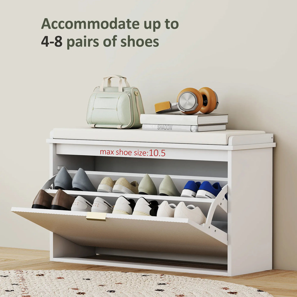 Entryway Bench with Padded Seat, Flip-Drawers, Holds 265lbs, Shoe Storage for 8 Pairs, White Shoe Storage Cabinets & Racks at Gallery Canada