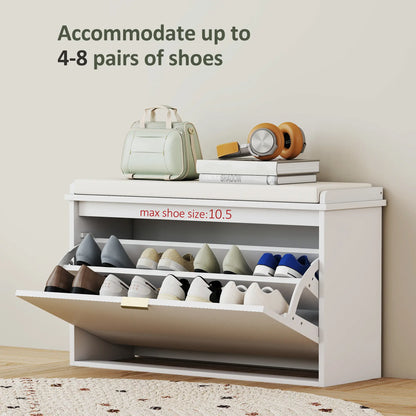 Entryway Bench with Padded Seat, Flip-Drawers, Holds 265lbs, Shoe Storage for 8 Pairs, White Shoe Storage Cabinets & Racks at Gallery Canada