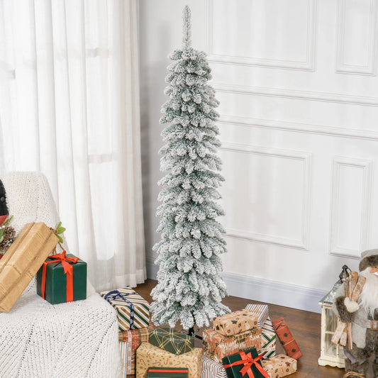 5ft Snow-Flocked Artificial Christmas Tree, Slim Pencil, 301 Branches, Metal Base, Green Pencil Christmas Trees Green at Gallery Canada