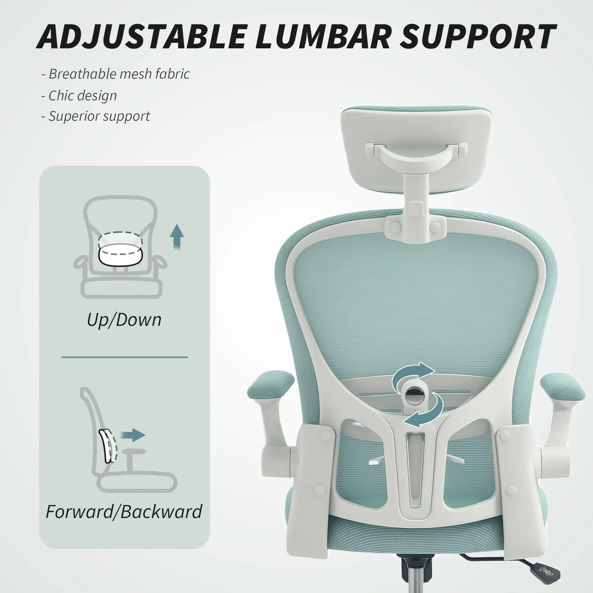 Mesh Office Chair, Adjustable Headrest, 4D Lumbar Support, Flip-Up Arm, Light Green Task Chairs at Gallery Canada
