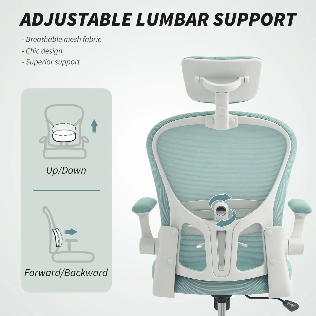 Mesh Office Chair, Adjustable Headrest, 4D Lumbar Support, Flip-Up Arm, Light Green Task Chairs at Gallery Canada