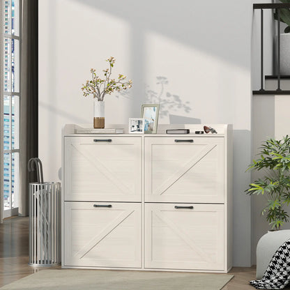 Narrow Shoe Storage Cabinet, 4 Flip Drawers, Adjustable Shelves, 16 Pair, White Oak Shoe Storage Cabinets & Racks at Gallery Canada