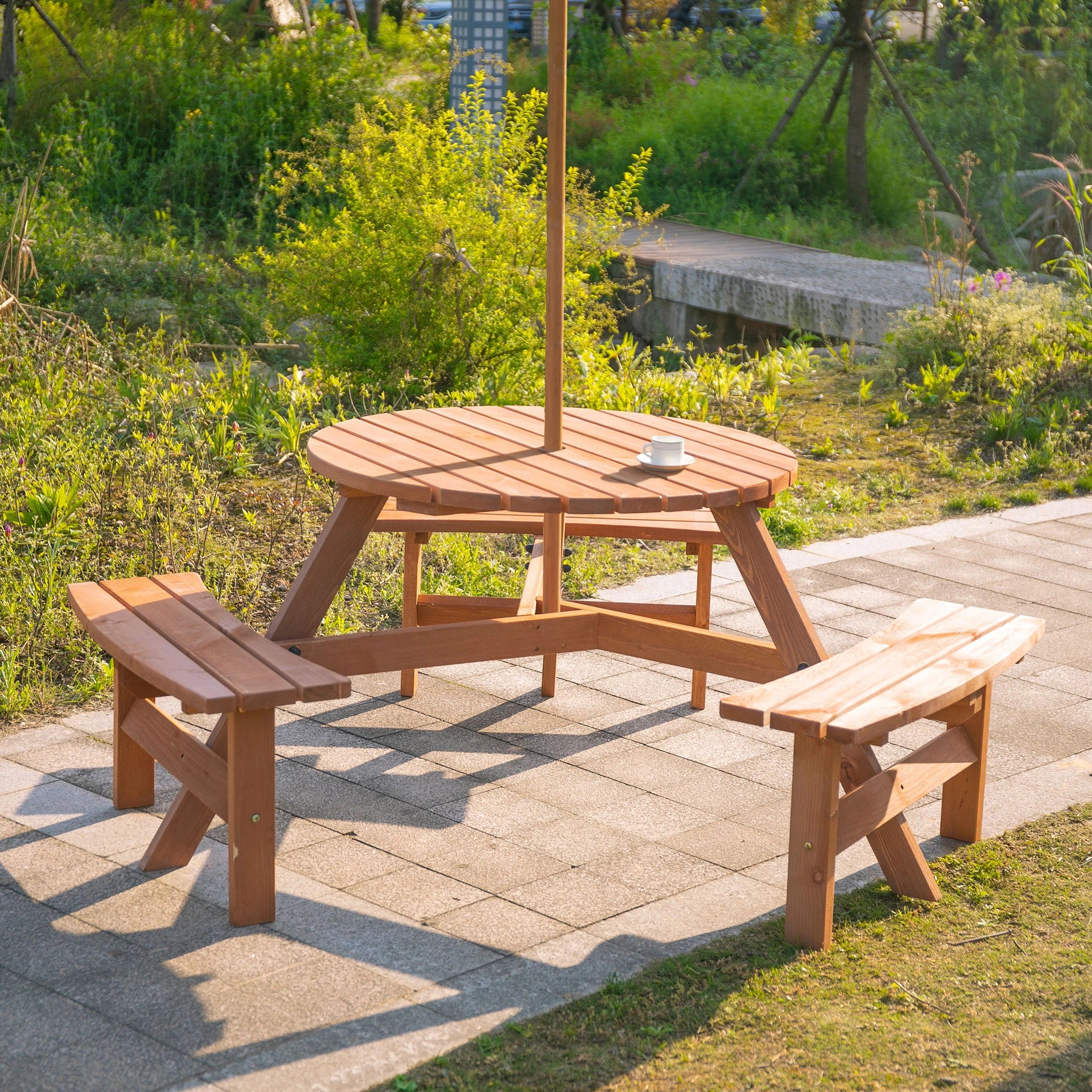 6 Person Round Picnic Table, Wood Patio Set with Umbrella Hole, Brown Outdoor Dining Sets at Gallery Canada