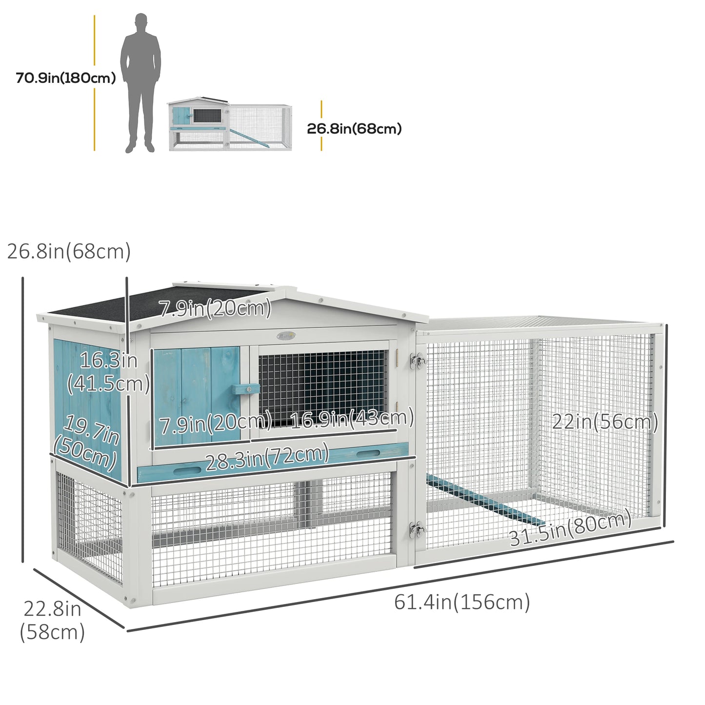 Wooden Rabbit Hutch, Guinea Pig House, Removable Tray, Openable Roof, Blue Rabbit Hutch at Gallery Canada