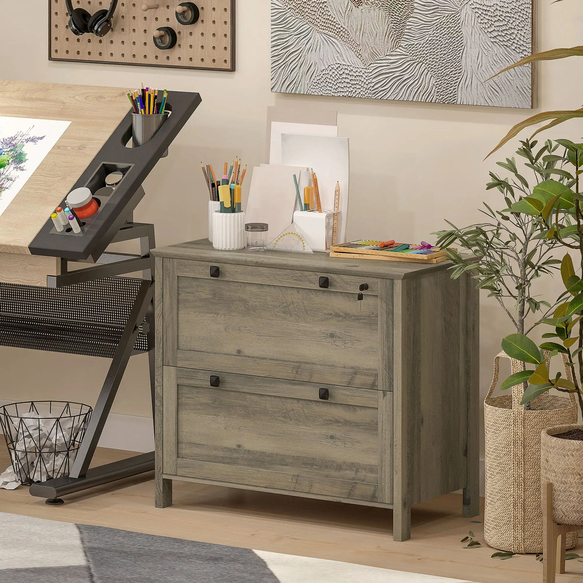 2 Drawer File Cabinet, Lockable, Adjustable Hanging Bar, Letter, A4 Size, Weathered Grey Oak Office Cabinets & Cupboards at Gallery Canada