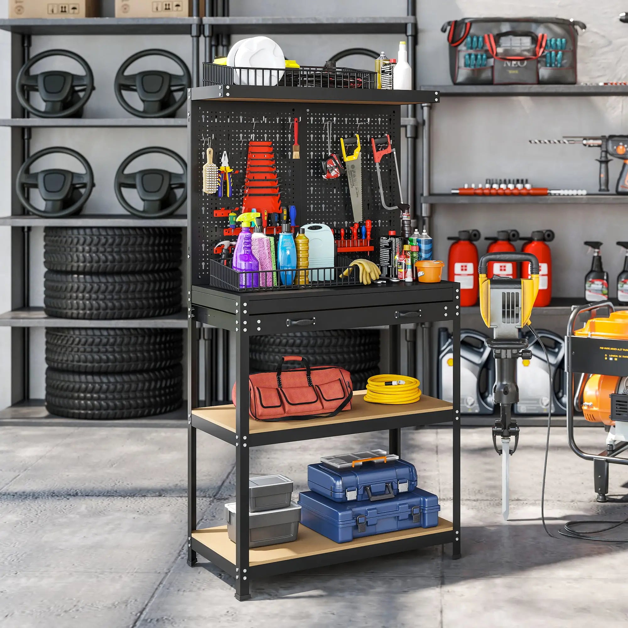 31.5 Inch Workbench with Pegboard, 2 Shelves, Drawer, Black Tool Organizers at Gallery Canada