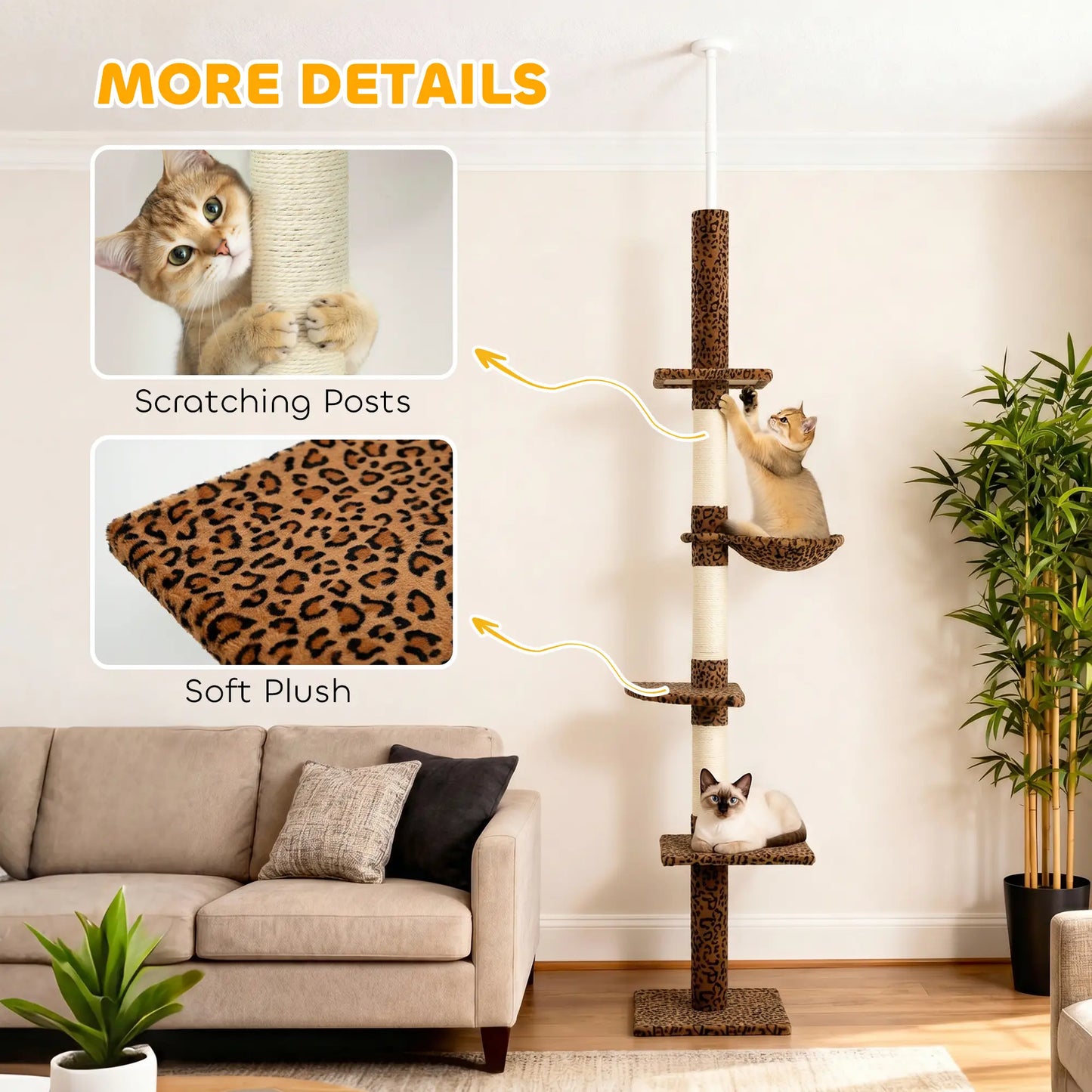 8.5ft Cat Tree 5-Tier Kitty Activity Center With Scratching Post, Leopard Print Floor to Ceiling Cat Trees at Gallery Canada