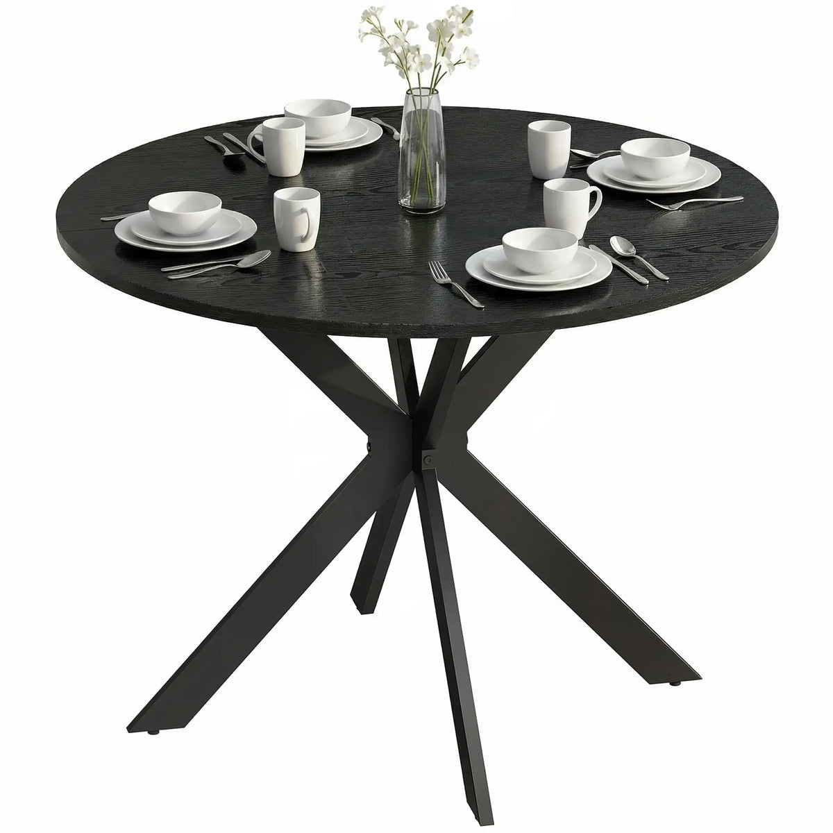 39" Dining Table, Round Kitchen Table, Steel Legs, Wood Grain, Black Dining Tables Black Wood Grain Tabletop, Black Legs at Gallery Canada