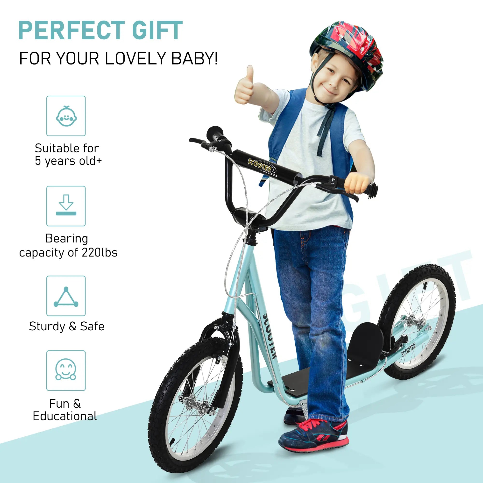 Kids Kick Scooter, 5+ Years, 16'' Inflatable Wheel, Dual Brakes, Blue Scooters at Gallery Canada