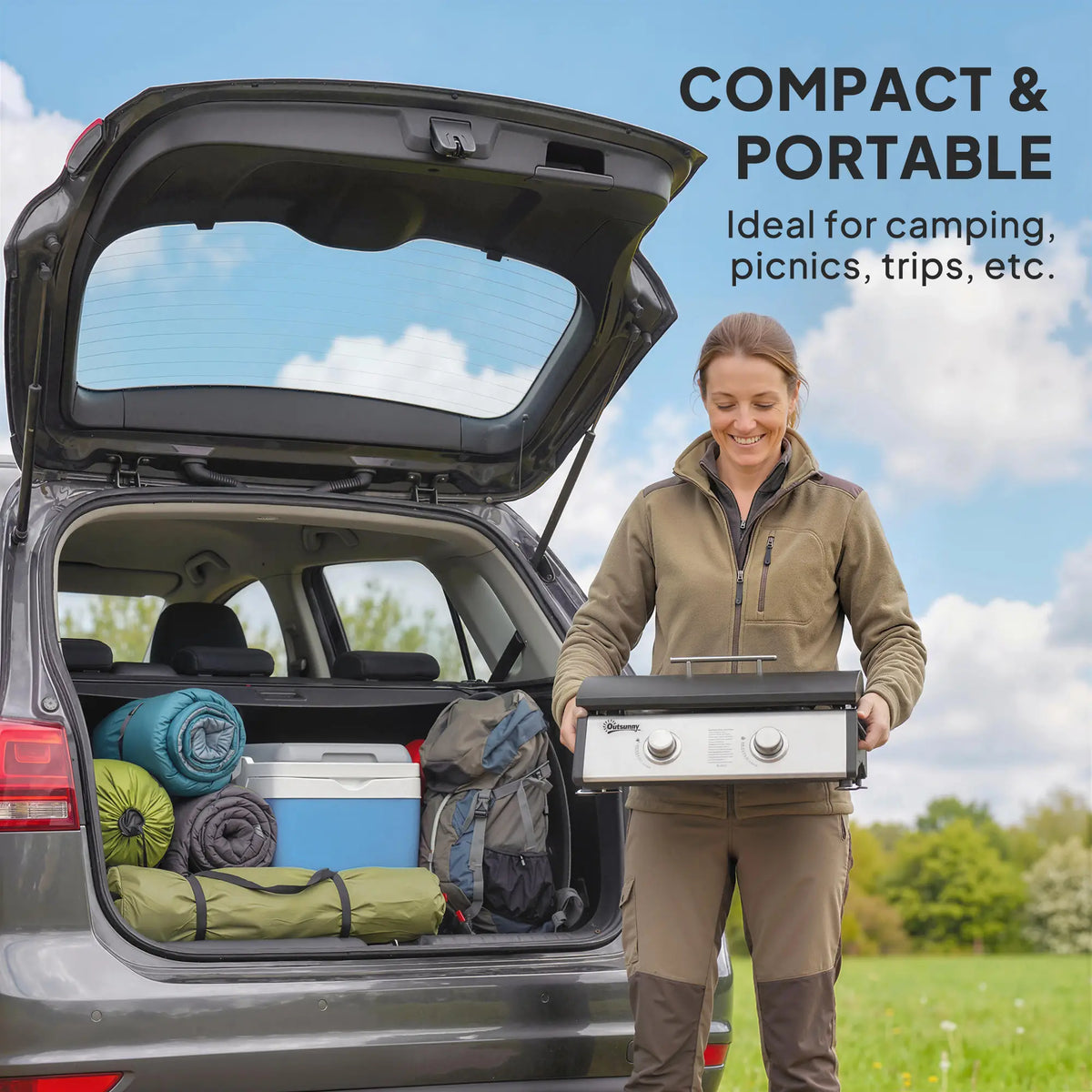 2 Burner Gas Grill, Portable Tabletop BBQ, Camping Picnic, Silver