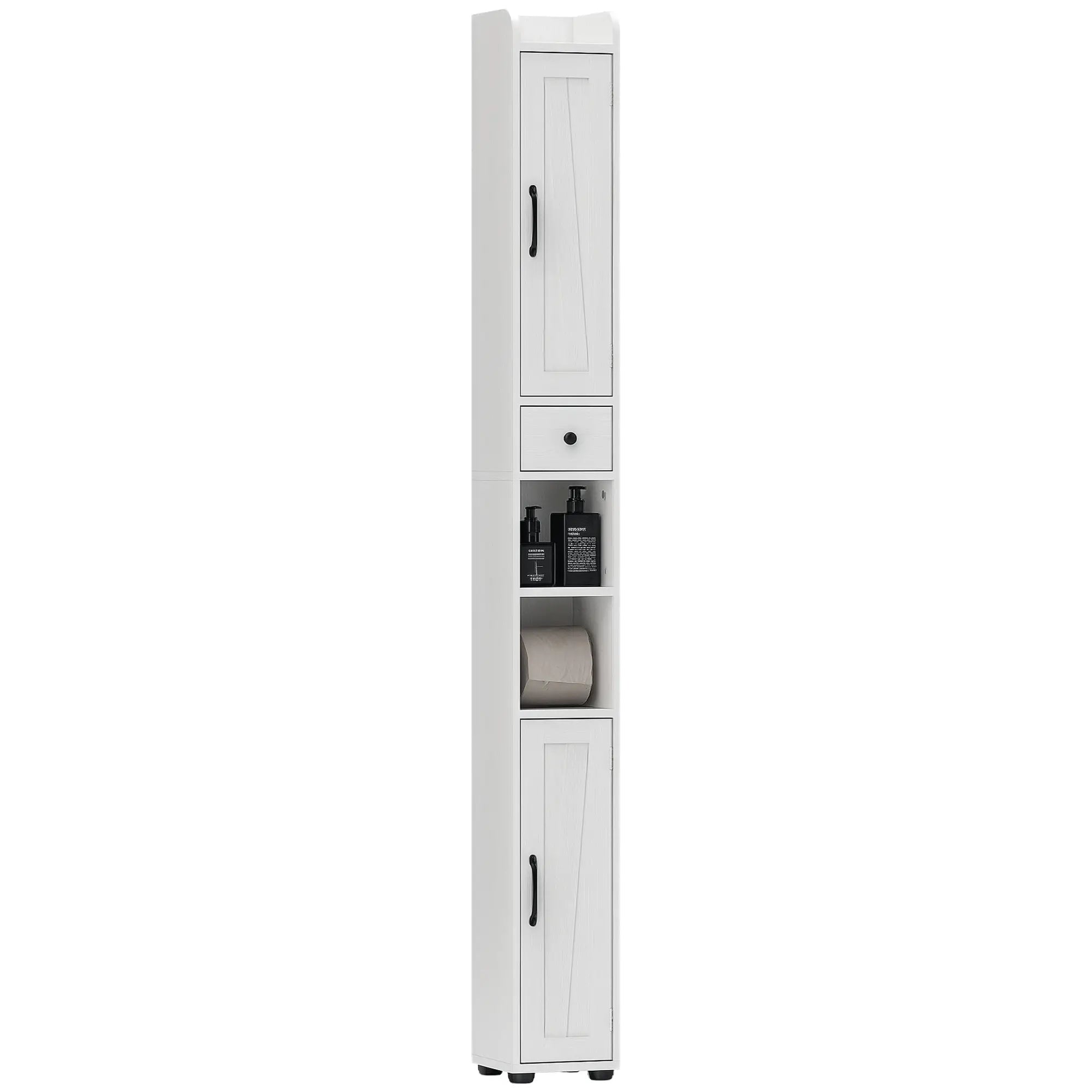 Narrow Bathroom Cabinet, Tall Storage with Barn Doors, Drawer, Adjustable Shelves, Wood Grain, White Bathroom Cabinets at Gallery Canada