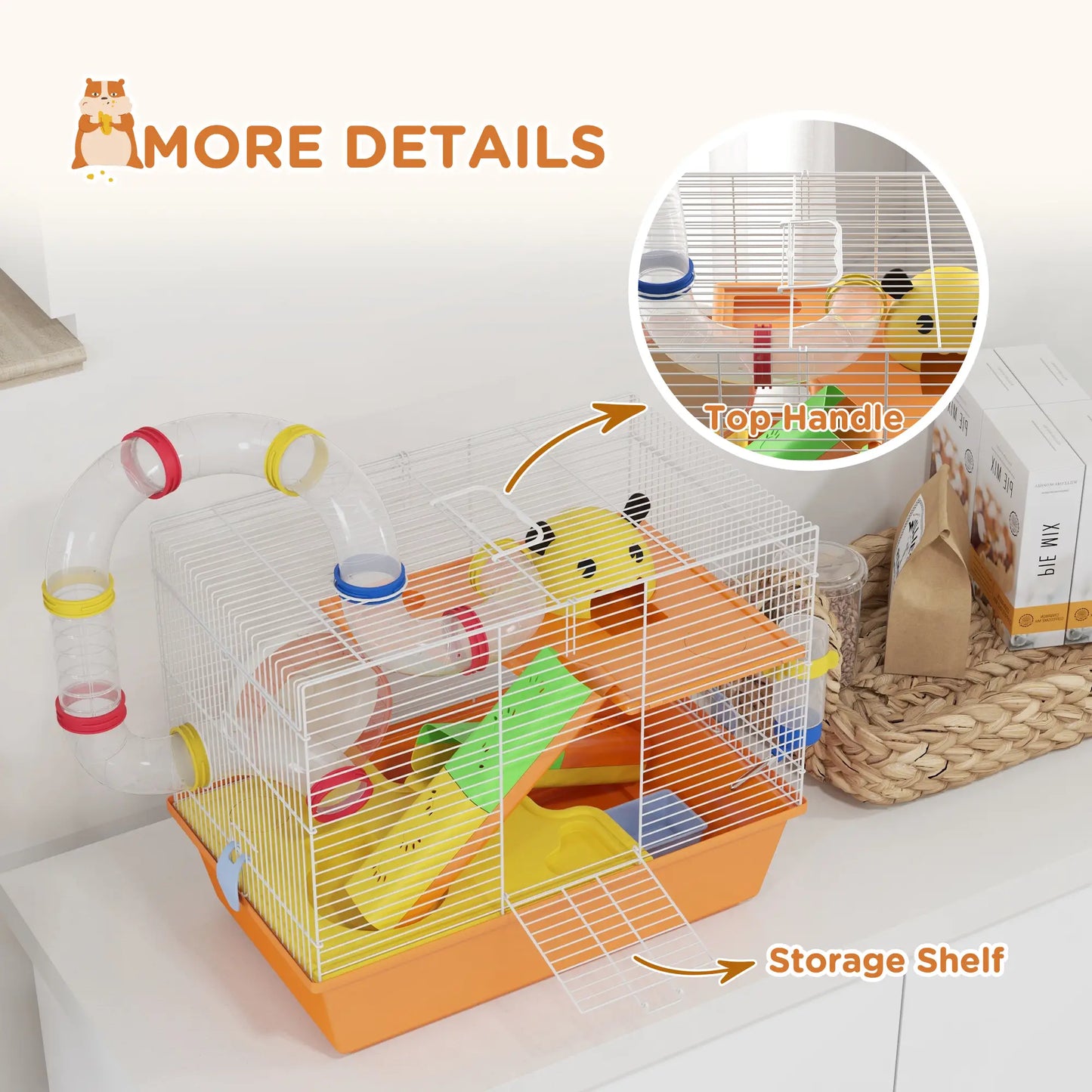 3 Tier Hamster Cage, Tunnels, Water Bottle, Exercise Wheel, 18" x 11" x 15", Orange Hamster Cages at Gallery Canada