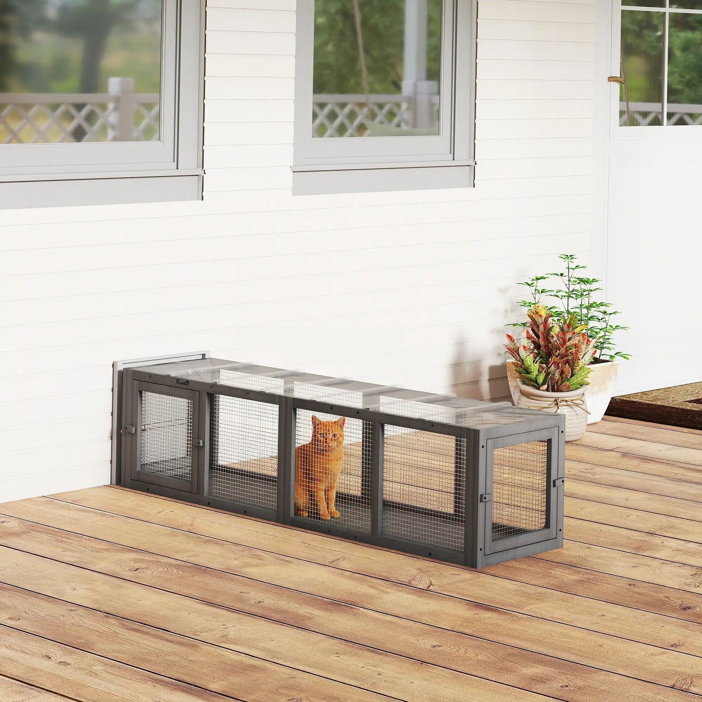 Outdoor Cat Tunnel, Wooden Enclosure, Extendable Pet Run, 3 Doors, Grey Outdoor Cat Enclosures at Gallery Canada