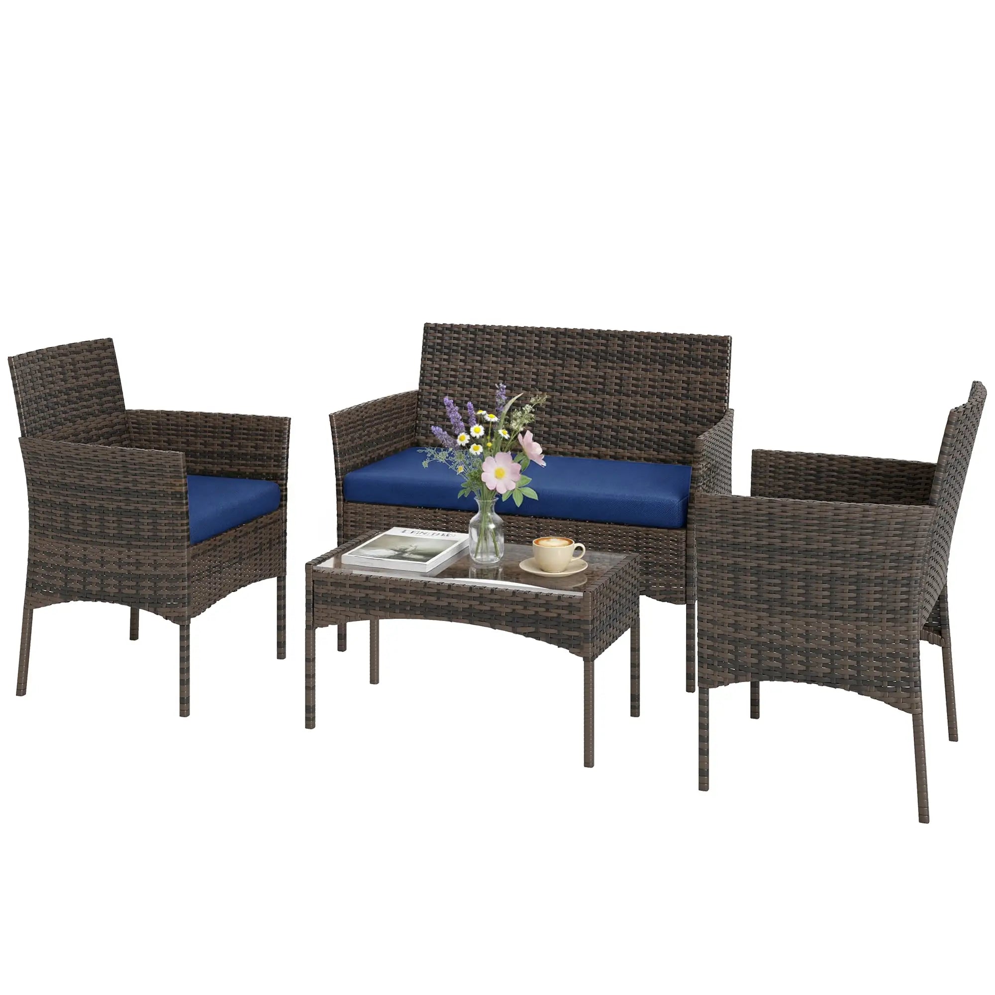 4-Piece Wicker Patio Furniture Set, Glass Coffee Table, Navy Blue Patio Furniture Sets Navy Blue, Black at Gallery Canada