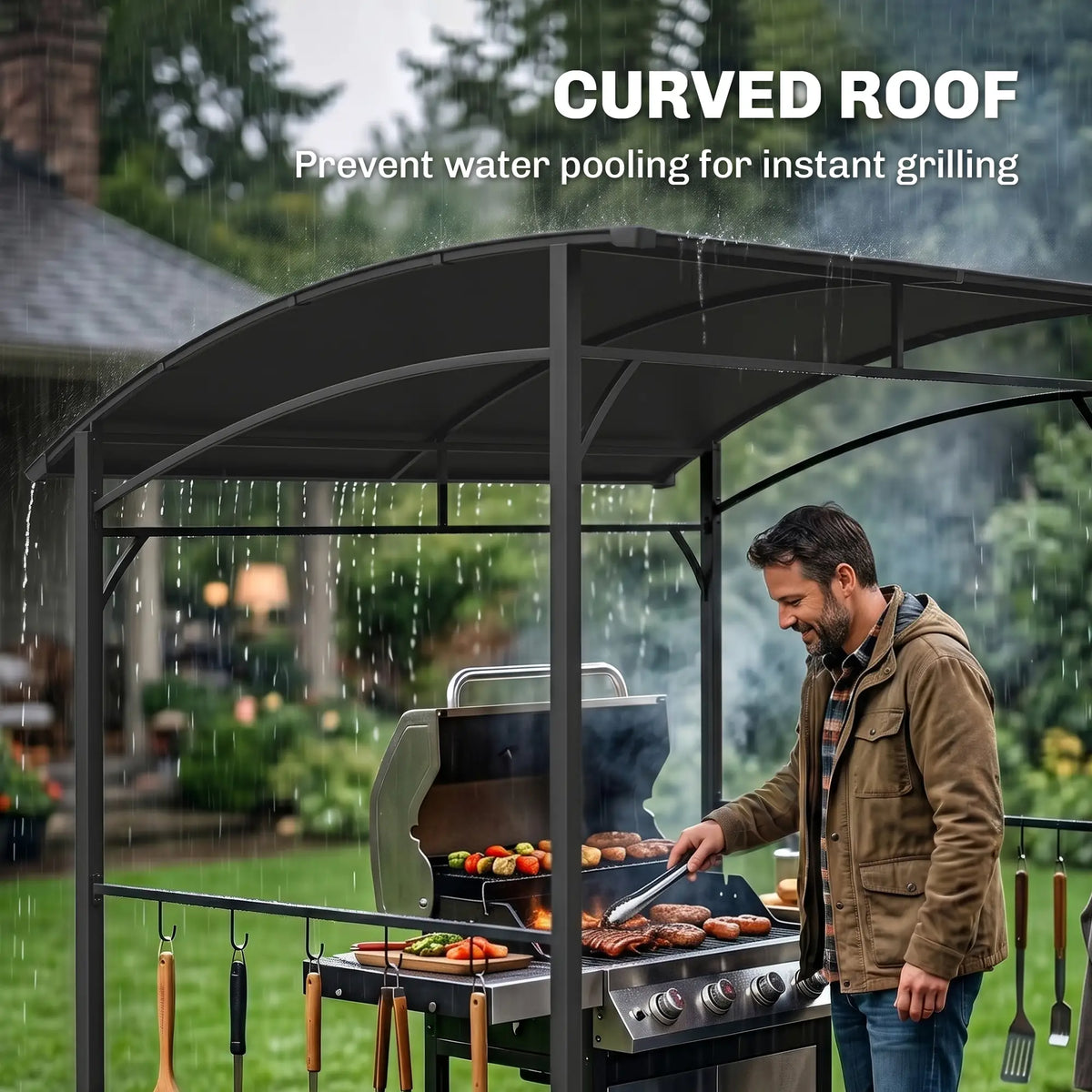 7' x 5' Charcoal Grey Garden Grill Canopy, BBQ Gazebo Tent With Steel Frame, Charcoal Grey