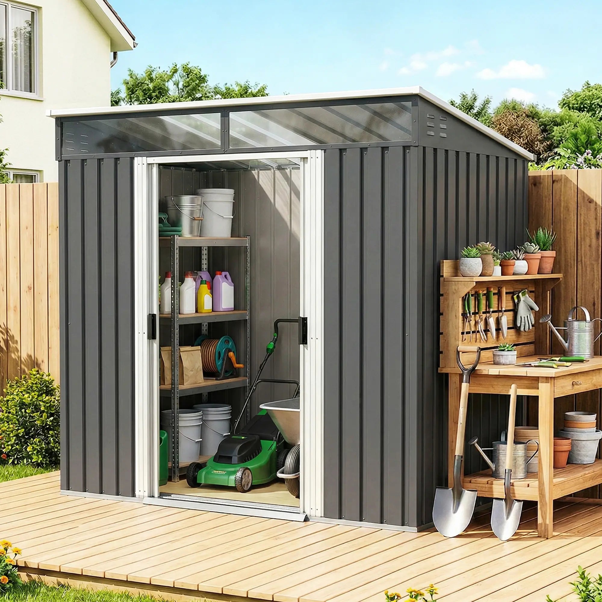 6.5x4FT Galvanised Metal Shed, Foundation Kit, Lockable Garden Storage, Sliding Doors, Vents, Grey Sheds at Gallery Canada