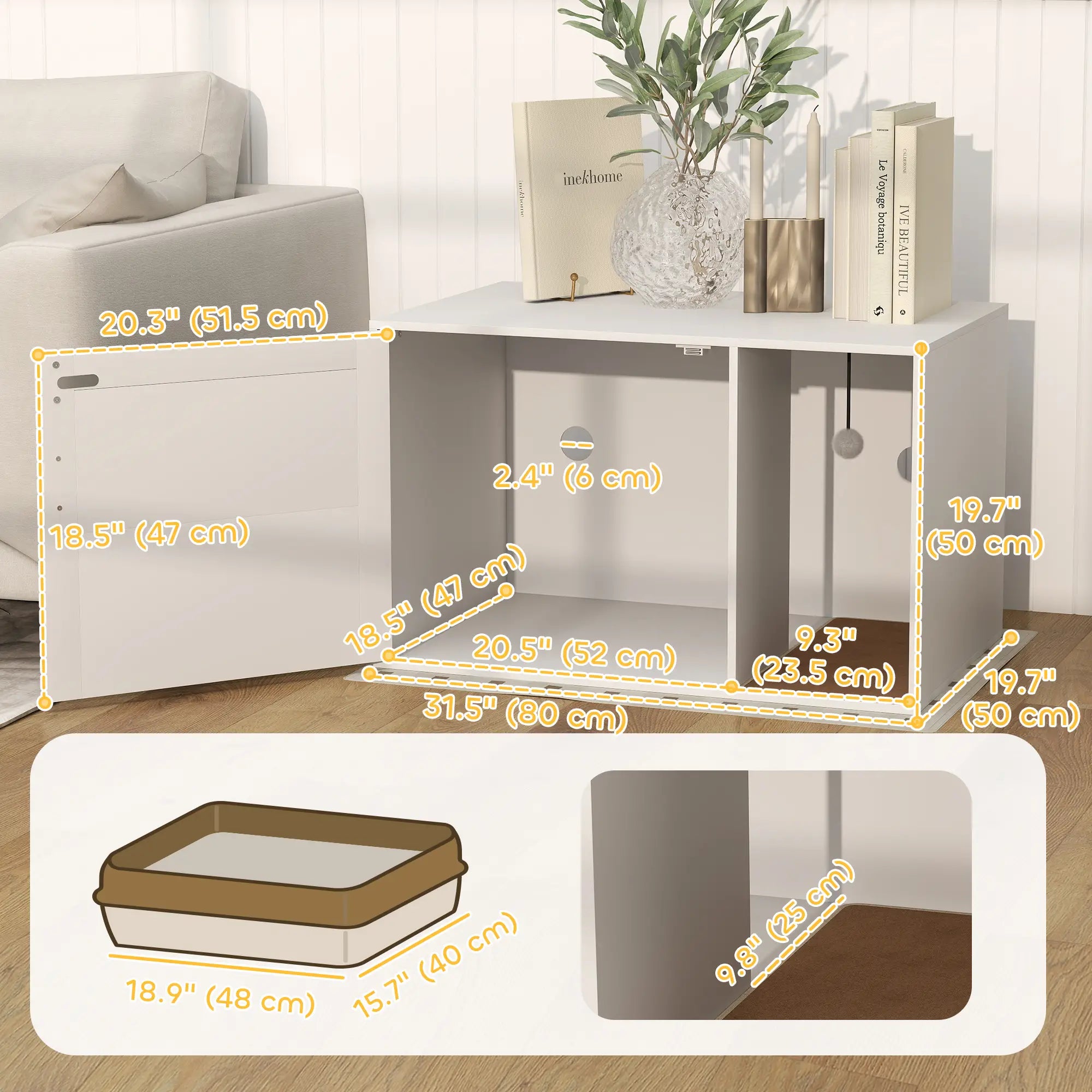 Cat Litter Box Enclosure, End Side Table with Rattan Door, Scratching Pad, White Cat Litter Box Enclosures at Gallery Canada