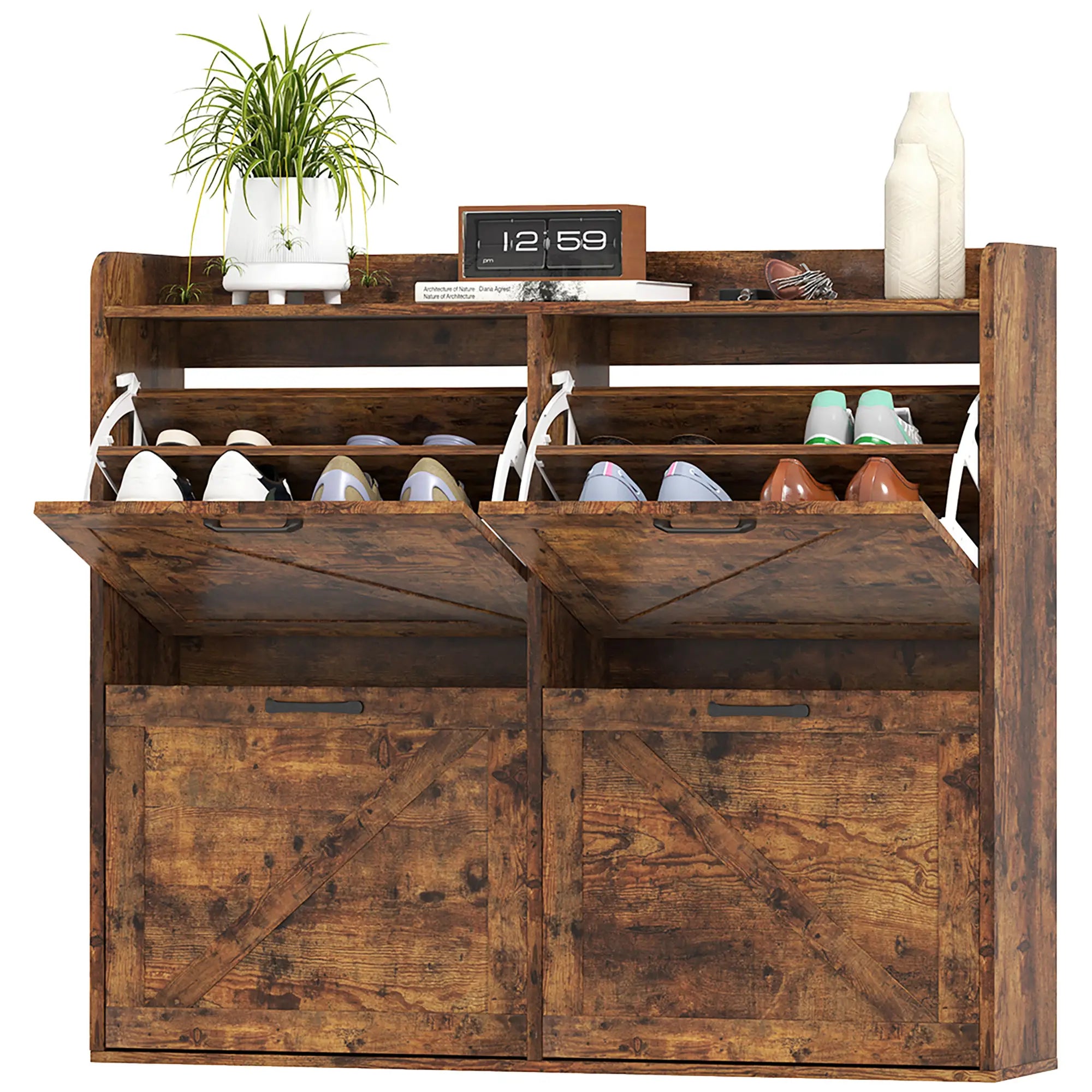 Narrow Shoe Storage Cabinet, 4 Flip Drawers, Adjustable Shelves, 16 Pair, Rustic Brown Shoe Storage Cabinets & Racks Rustic Brown at Gallery Canada