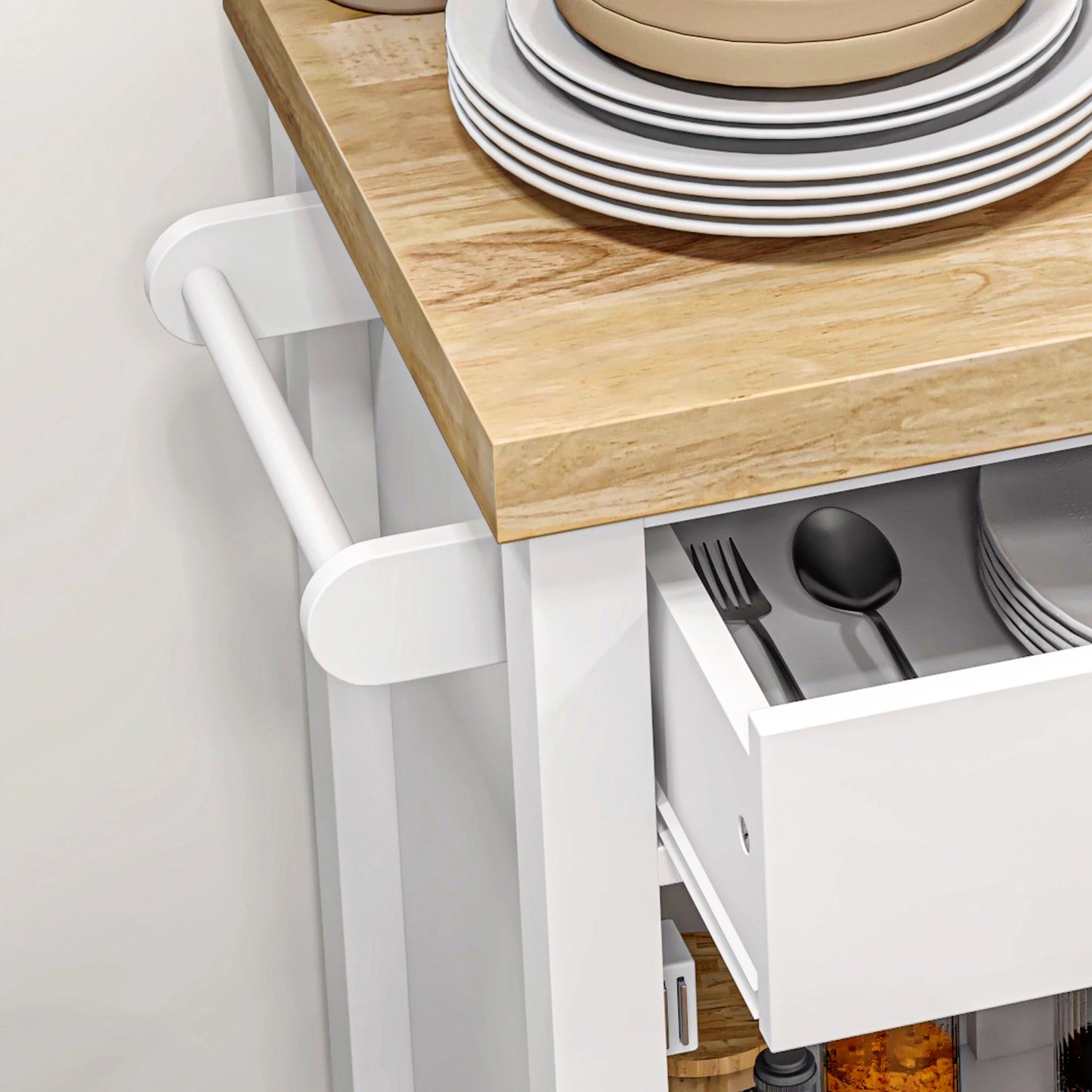 Kitchen Cart on Wheels, Wood Top, Towel Rack, Drawer, Shelf, White Kitchen Islands & Kitchen Carts at Gallery Canada
