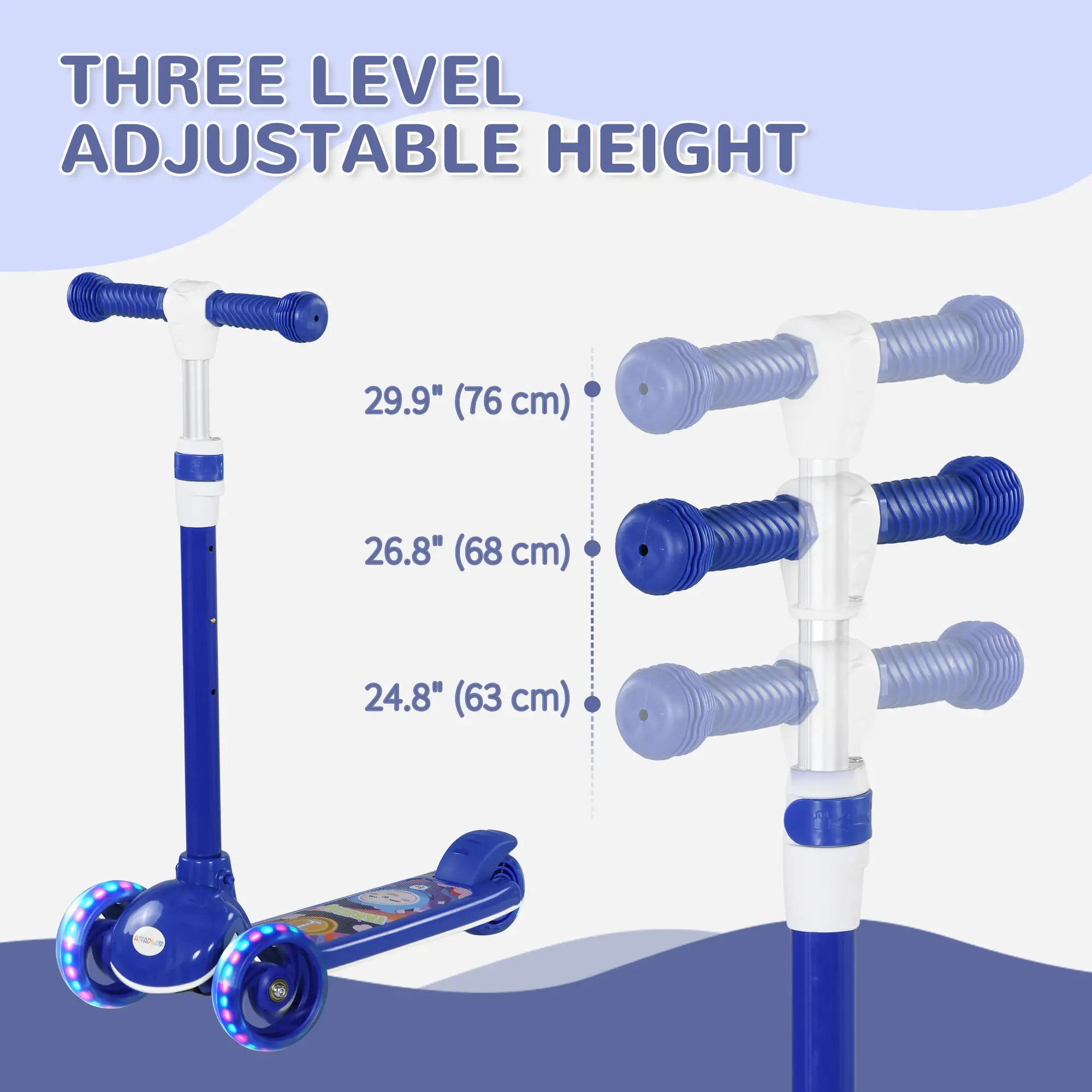 3 Wheel Kids Scooter, Adjustable Height, Rear-Fender Brake, LED Light, TPE Handlebar, Blue Scooters at Gallery Canada